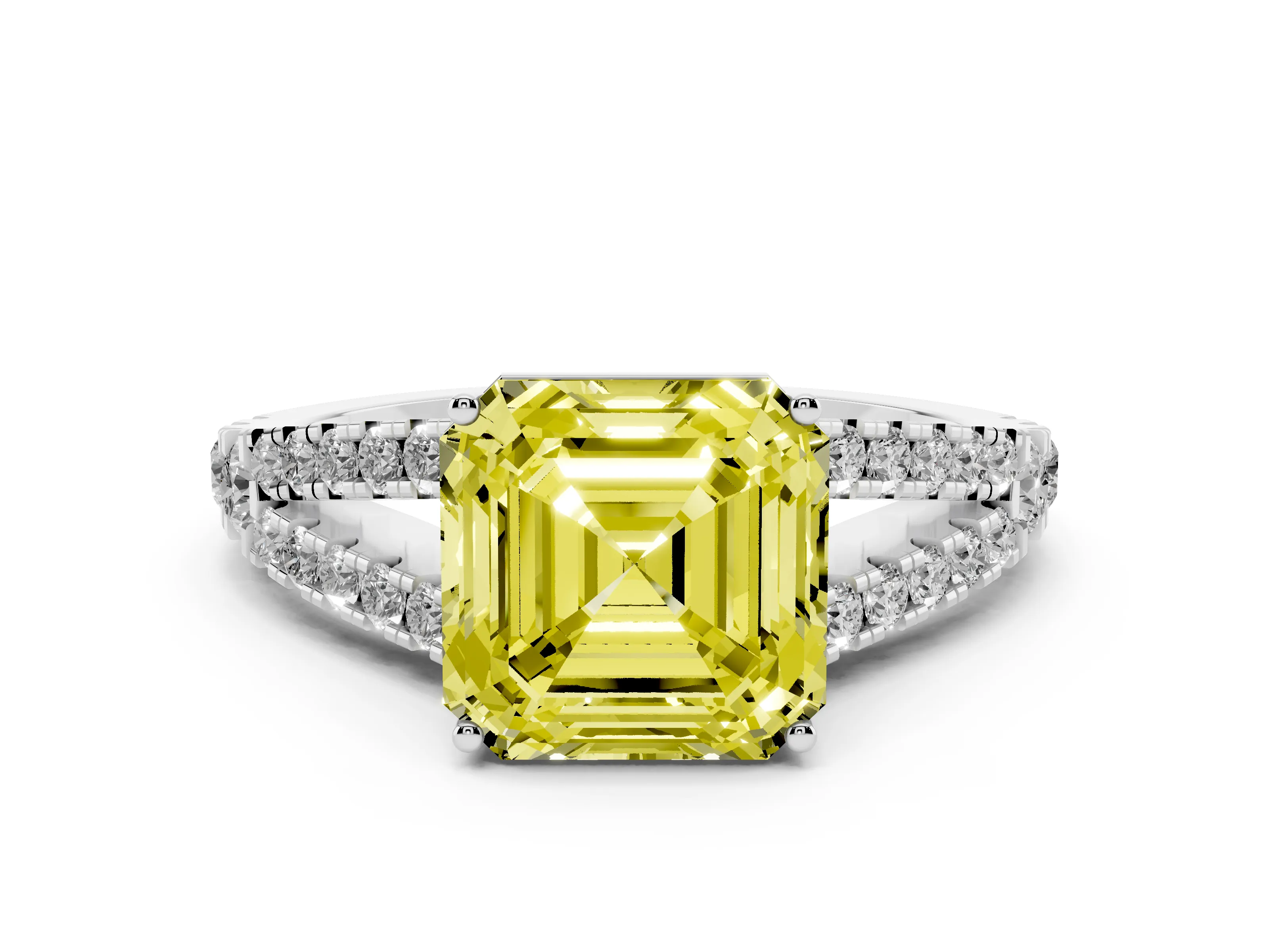 Fancy Yellow Asscher Cut Diamond Split Shank Pavé Engagement Ring Set in Platinum with Prong-Held Center Stone
