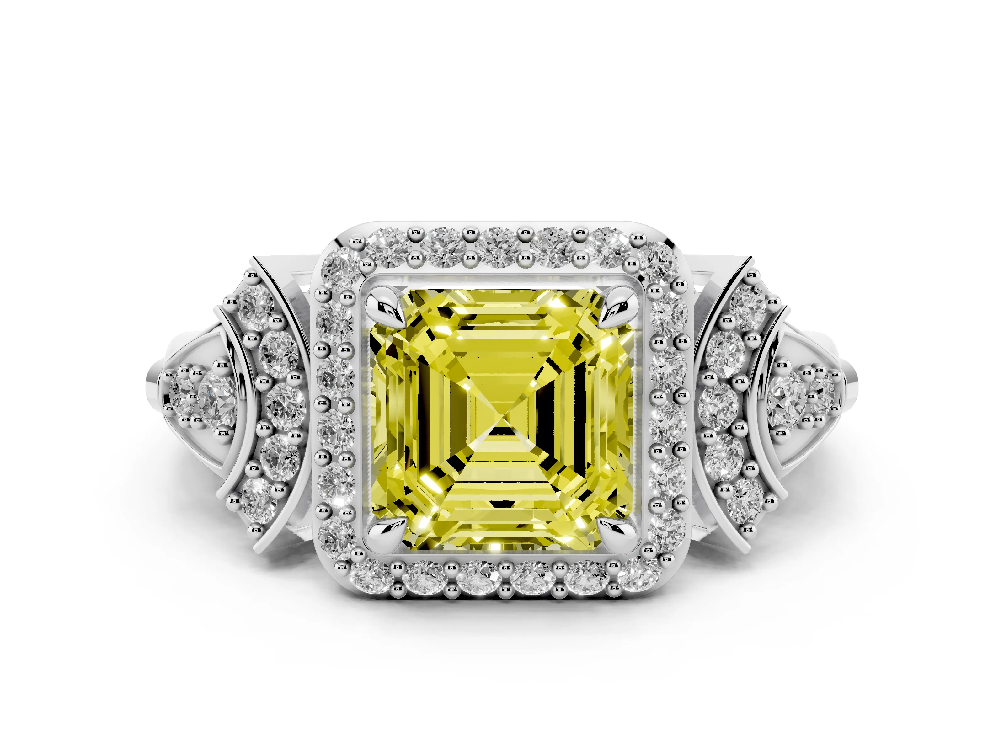Fancy Yellow Asscher Cut Diamond Halo Engagement Ring Set in Platinum with Accent Stone Split Shank