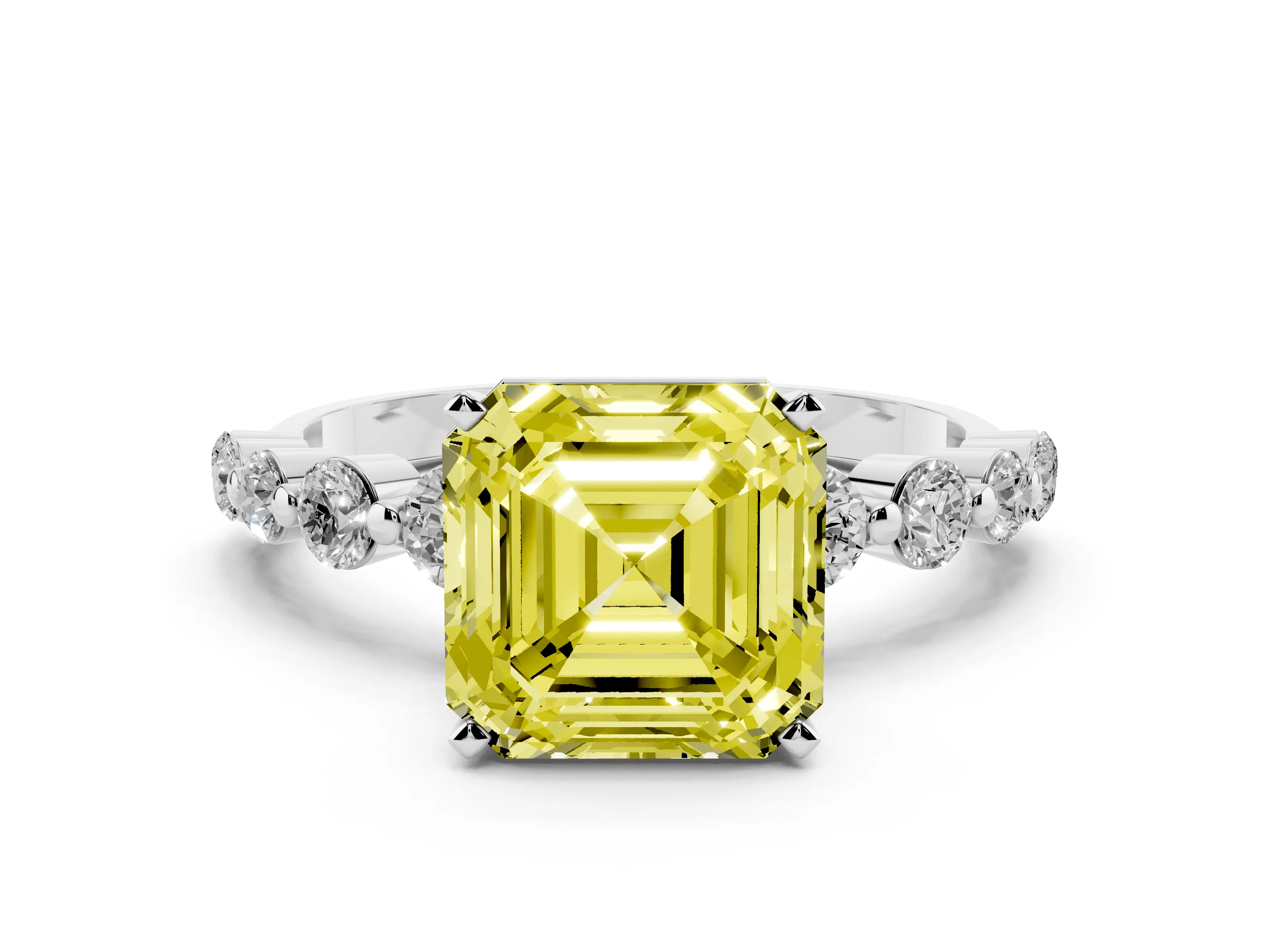 Fancy Yellow Asscher Cut Diamond Solitaire Ring Set in Platinum with Pavé Band and Prong Setting