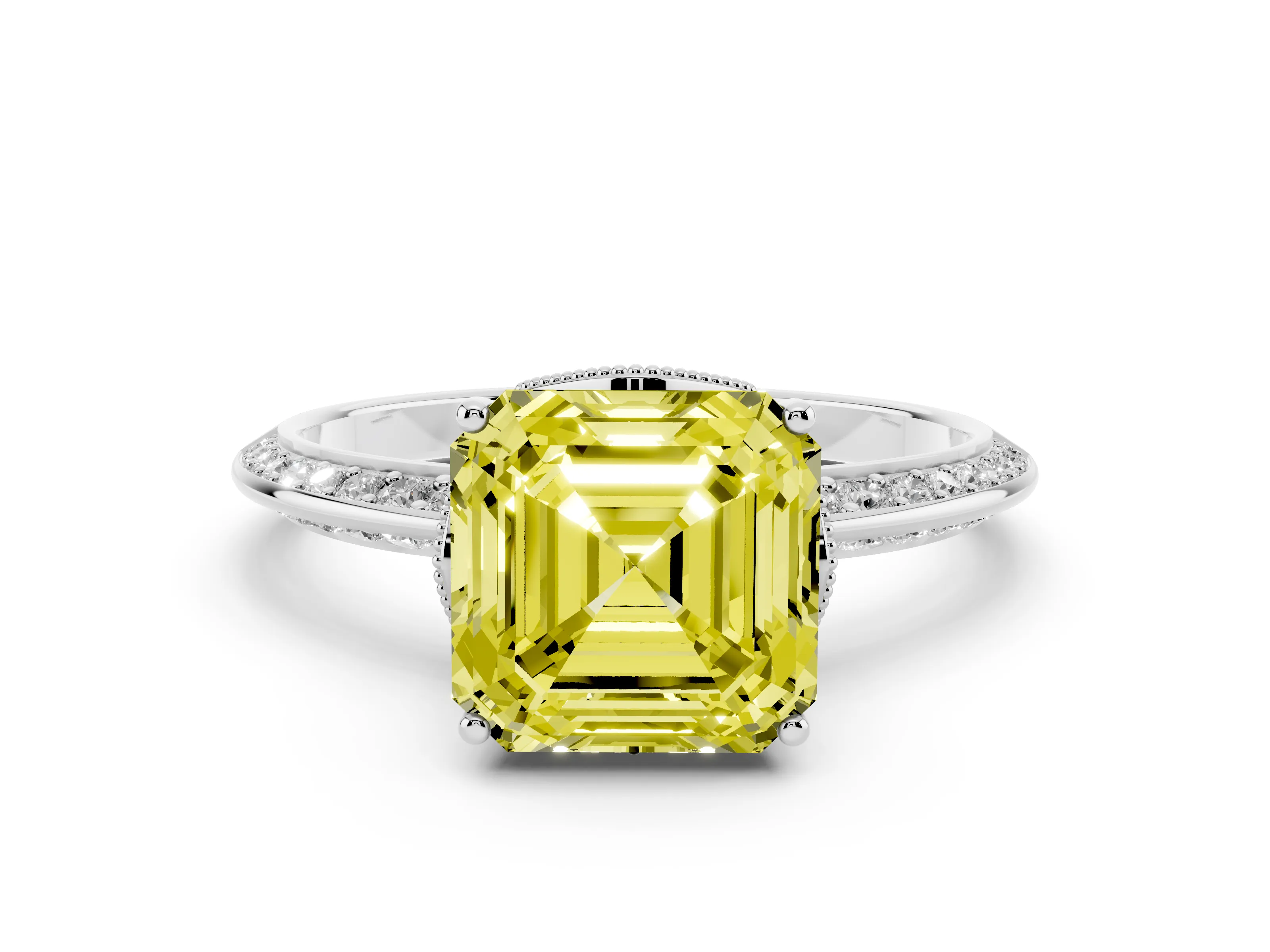 Fancy Yellow Asscher Cut Diamond Solitaire Engagement Ring Set in Platinum with Pavé Split Shank and Prong Setting
