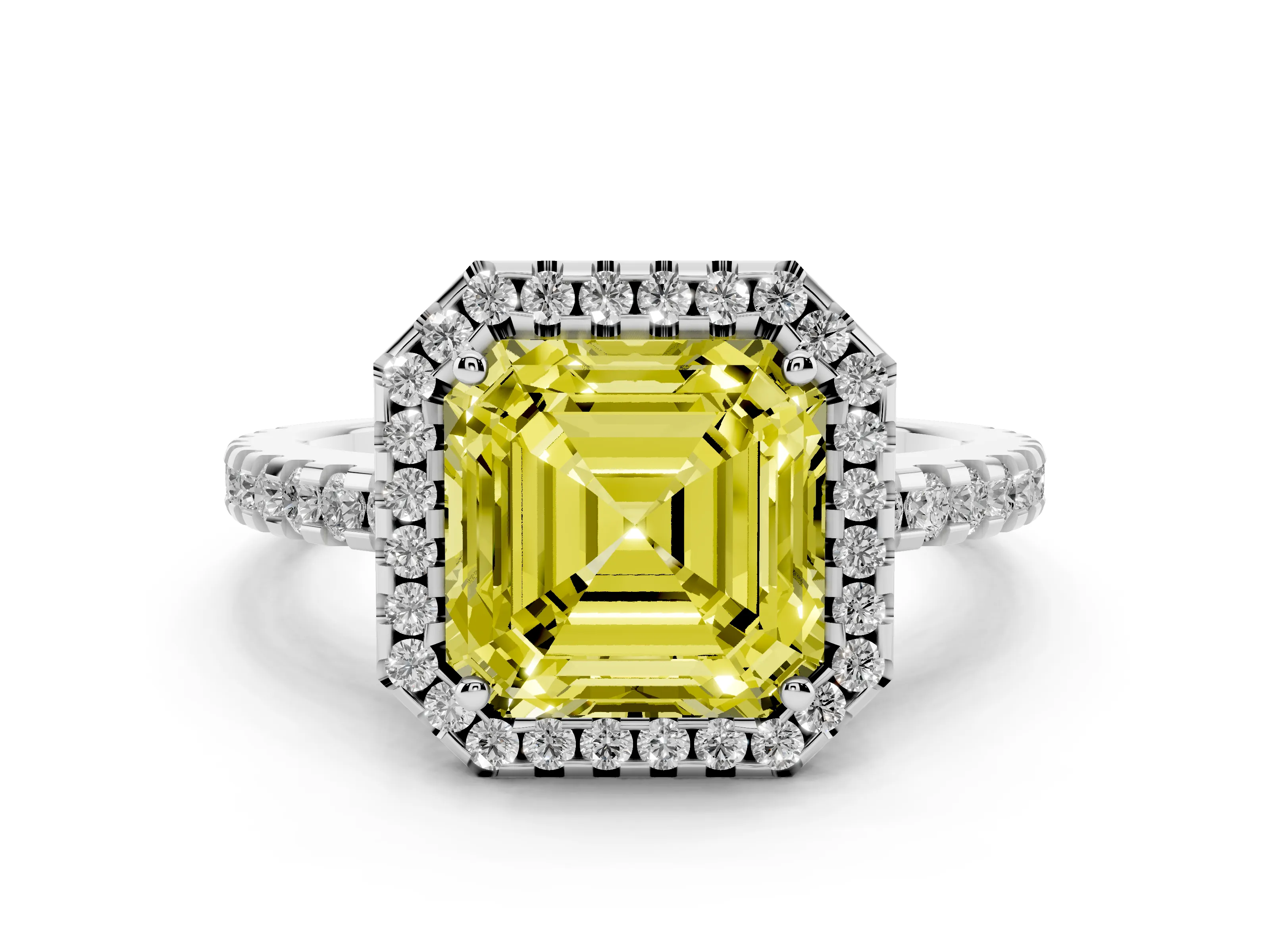Fancy Yellow Asscher Cut Diamond Halo Ring Set in Platinum with Pavé Shoulders and Halo-Framed Center