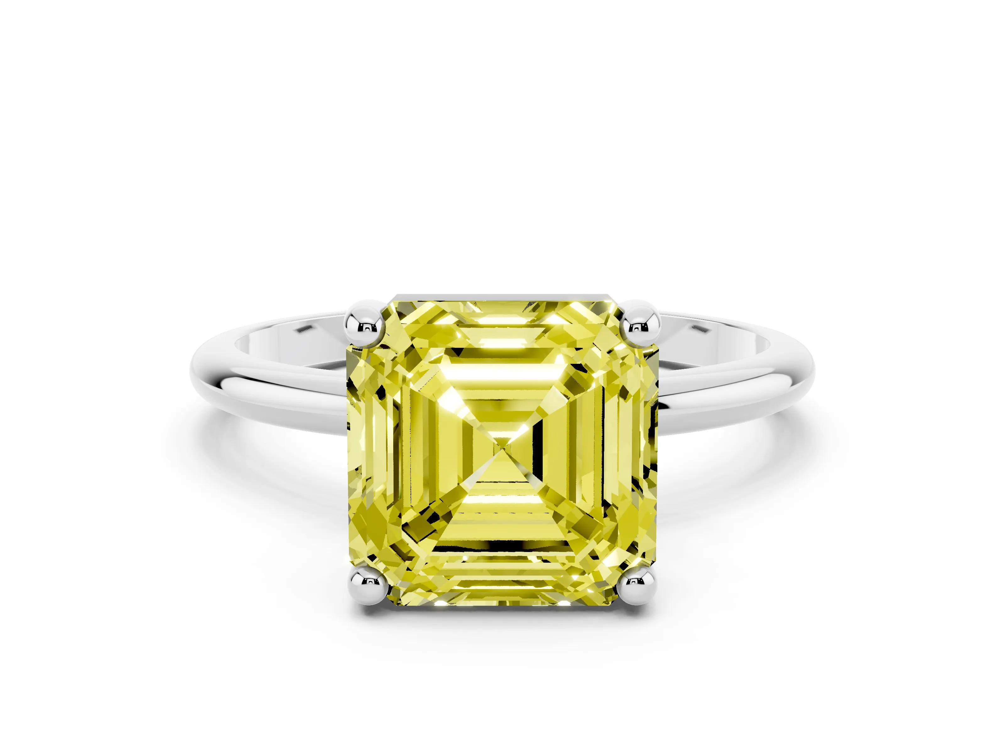 Fancy Yellow Asscher Cut Diamond Solitaire Ring Set in White gold with Secure Prong Setting on a Classic Band