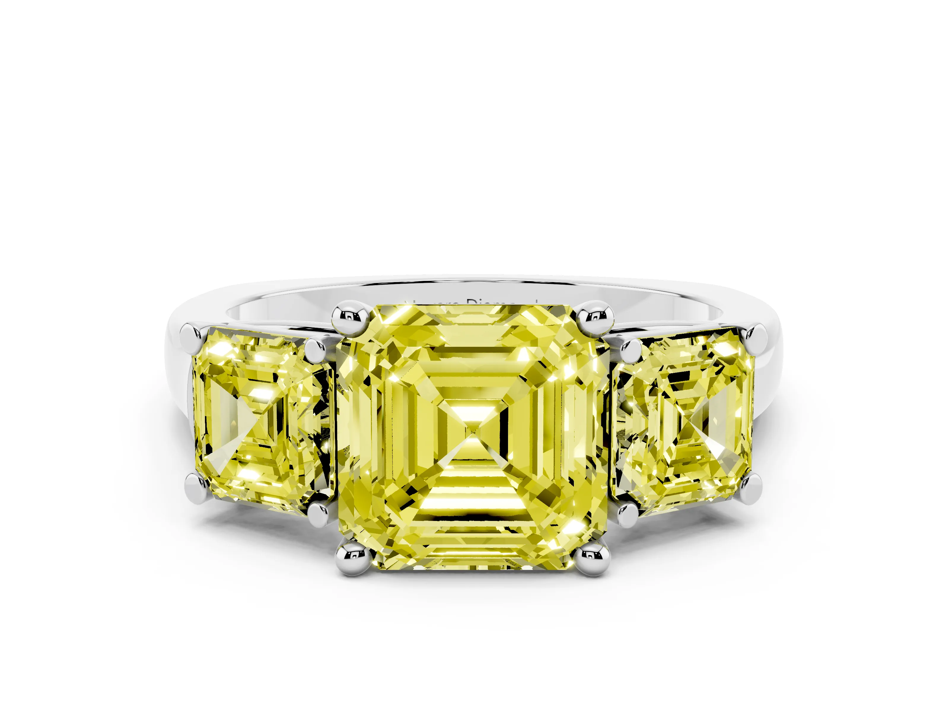 Fancy Yellow Asscher Cut Diamond Three-Stone Trellis Ring Set in Silver with Comfort Fit Band