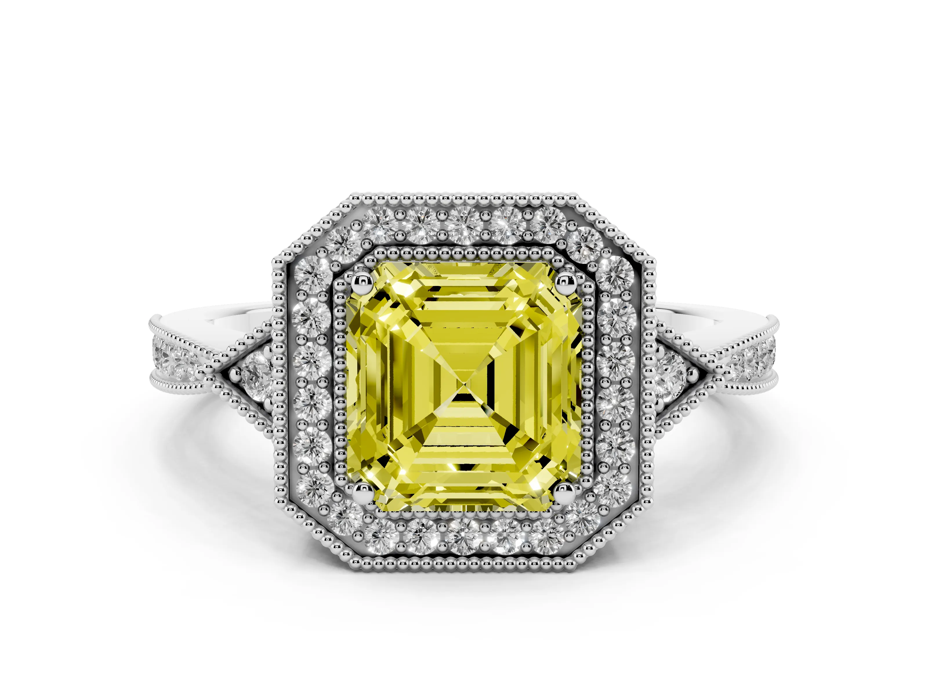 Fancy Yellow Asscher Cut Diamond Halo Engagement Ring Set in Platinum with Milgrain Pavé Band