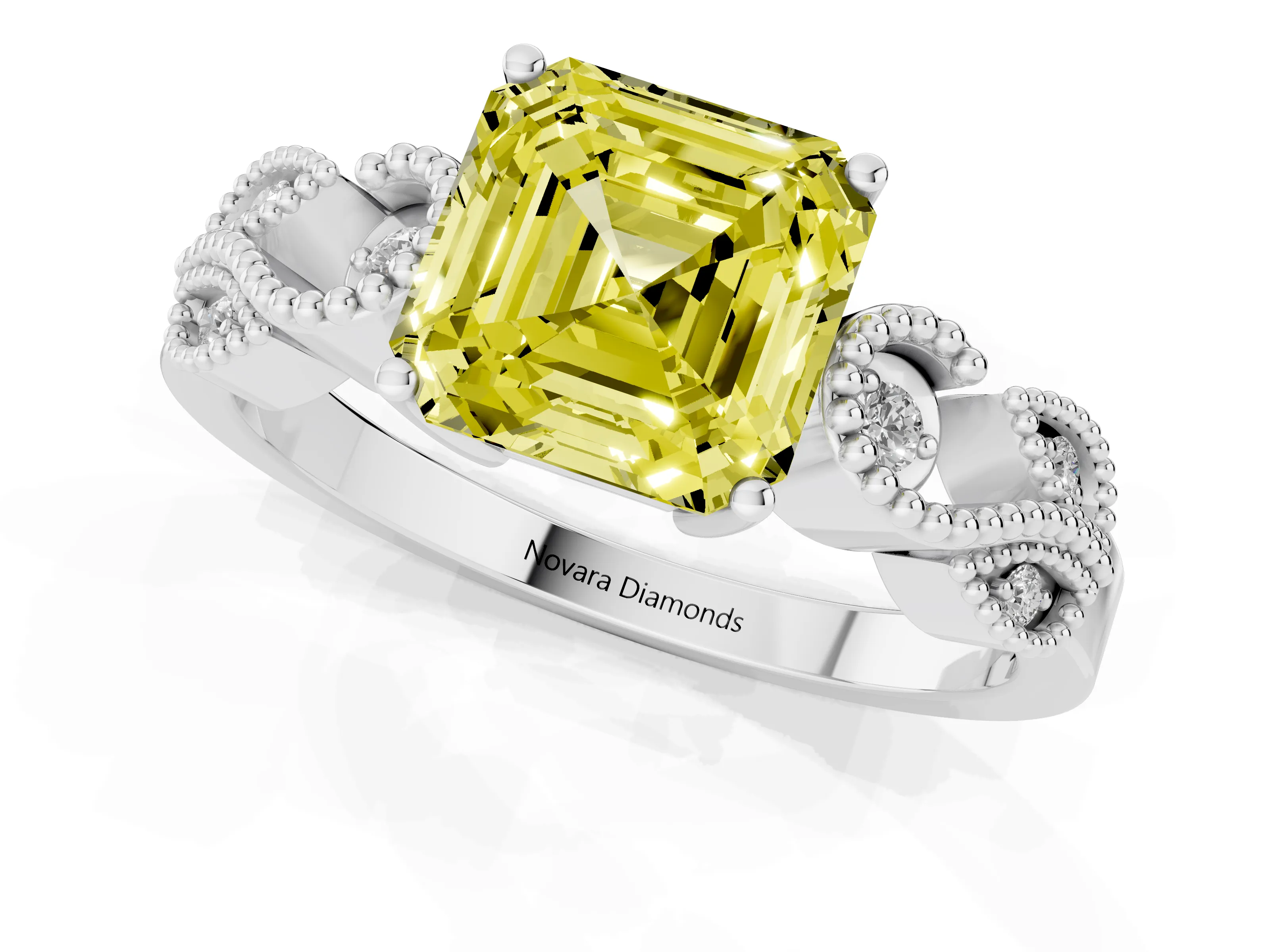 Fancy Yellow Asscher Cut Diamond Milgrain Leaf Band Solitaire Ring Set in White gold with Accent Stones and Prong Setting