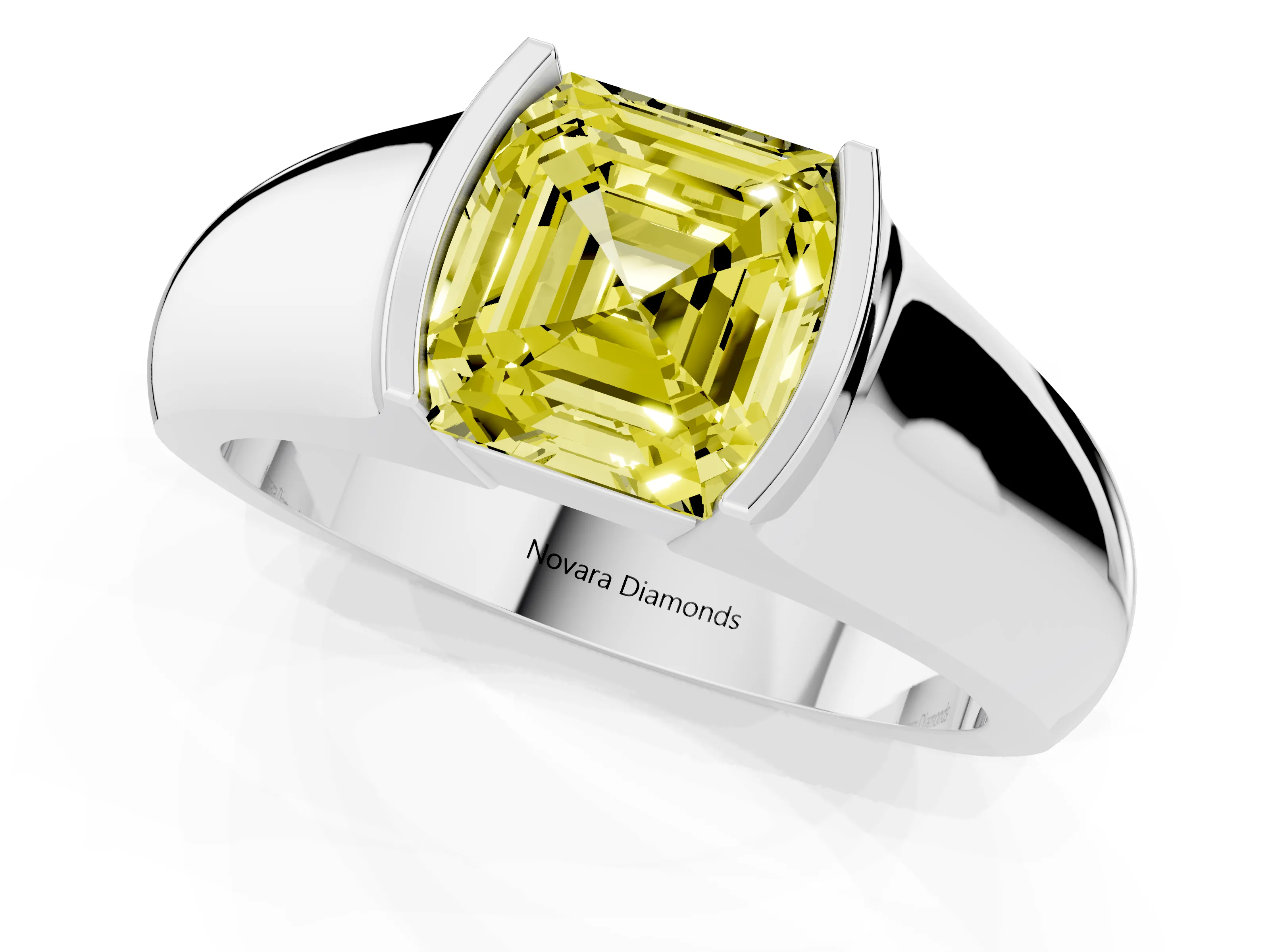 Fancy Yellow Asscher Cut Diamond Bezel Solitaire Ring Set in White gold with Wide Band