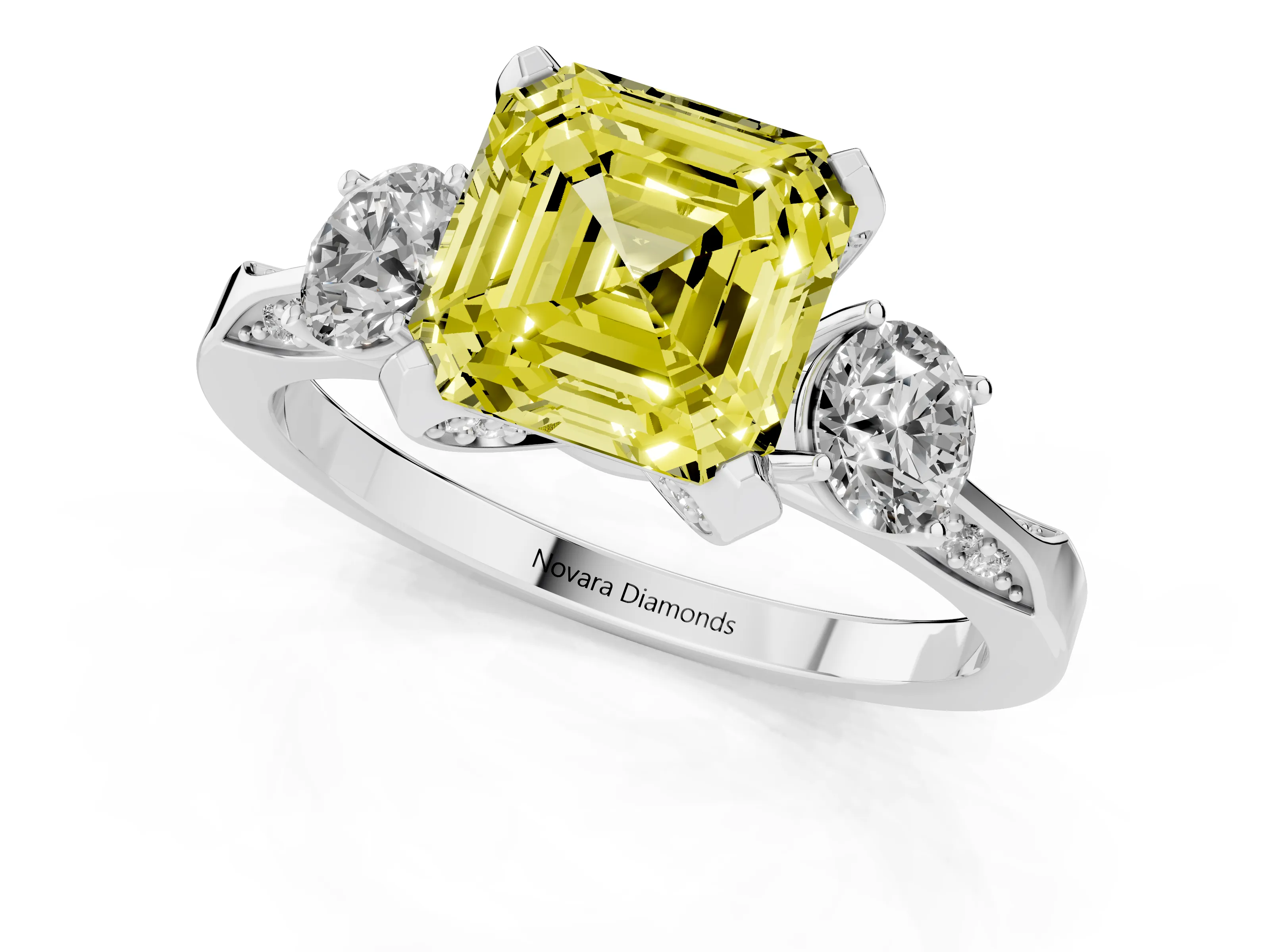 Fancy Yellow Asscher Cut Diamond Three-Stone Ring Set in Silver with Pavé Band and Smaller Side Stones