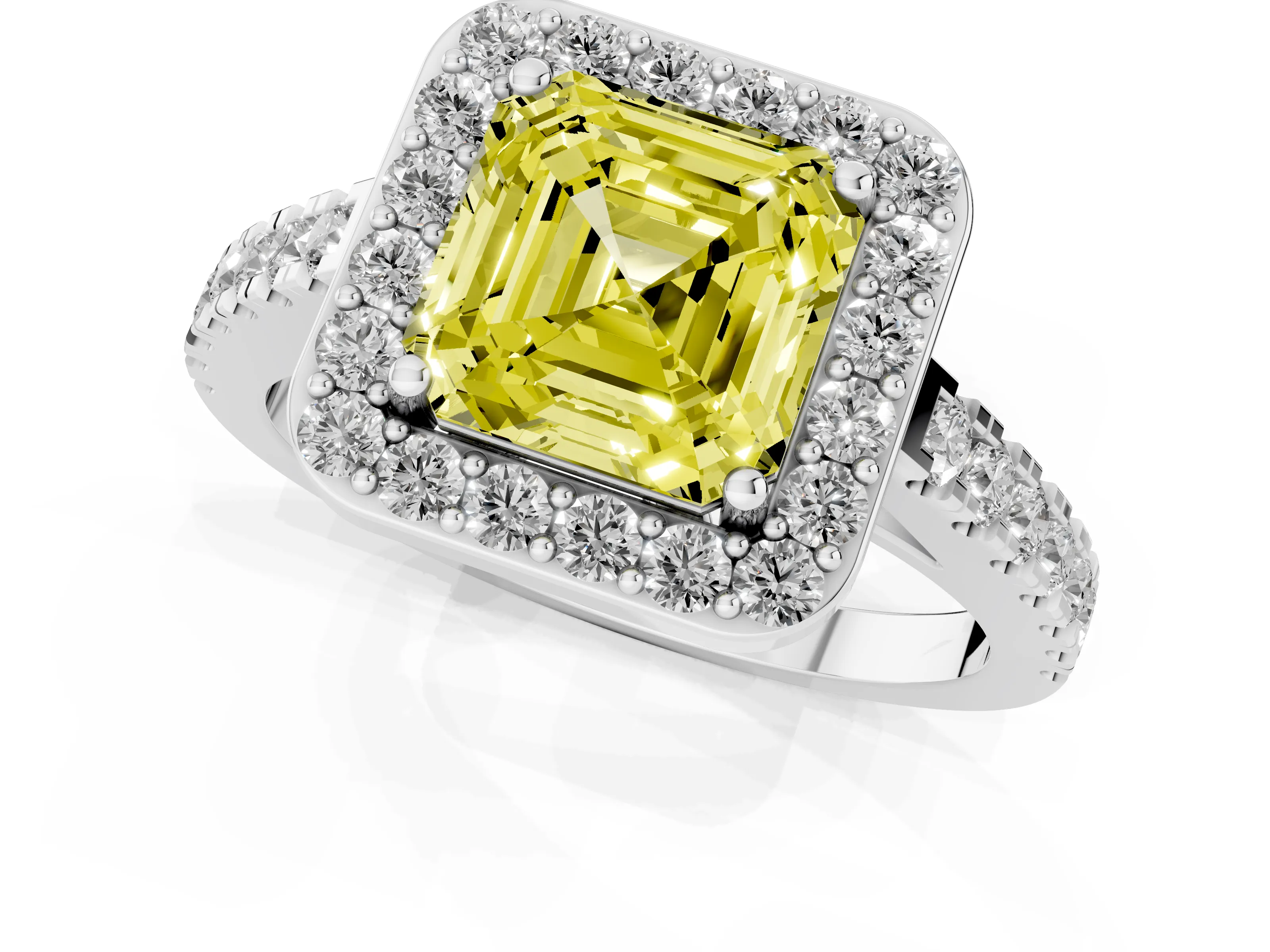 Fancy Yellow Asscher Cut Diamond Halo Ring Set in White gold with Round Pavé Split Shank and Prong Setting