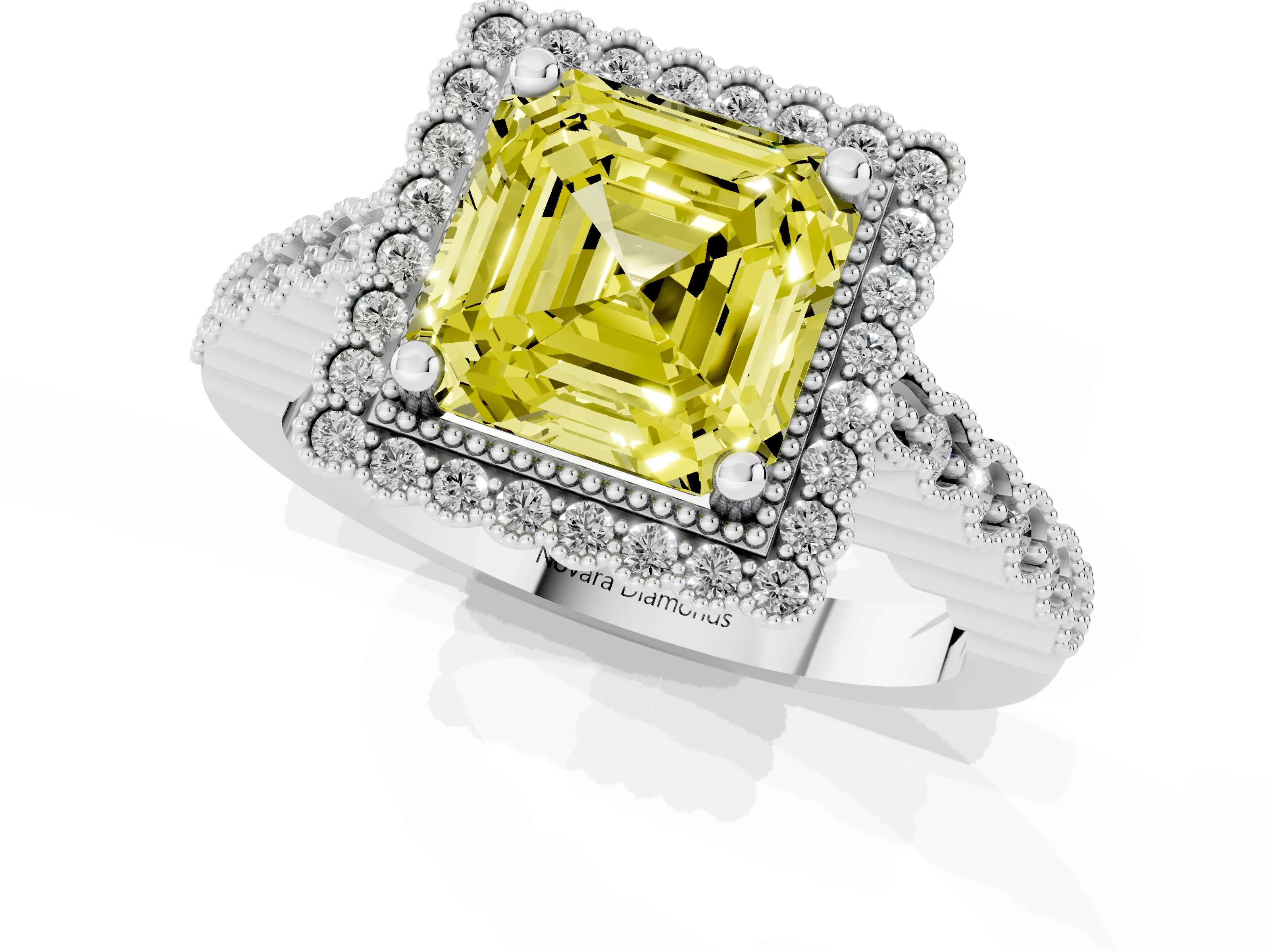 Fancy Yellow Asscher Cut Diamond Halo Ring Set in Platinum with Pavé Milgrain Band