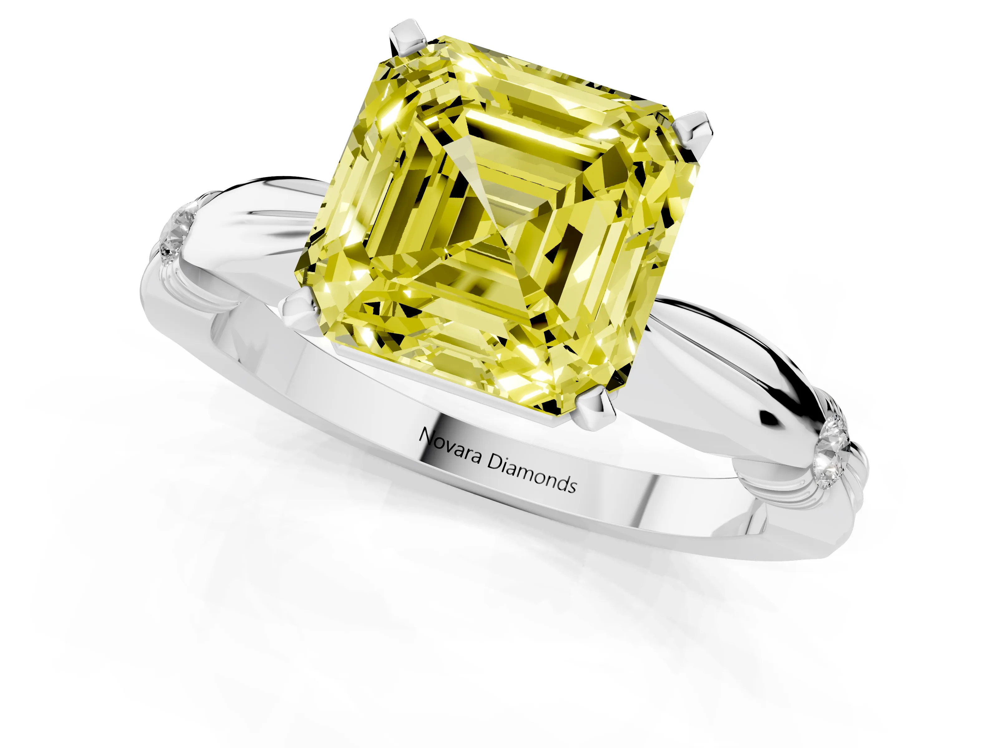 Fancy Yellow Asscher Cut Diamond Solitaire Twisted Band Ring Set in Platinum with Accent Stones and Prong Setting