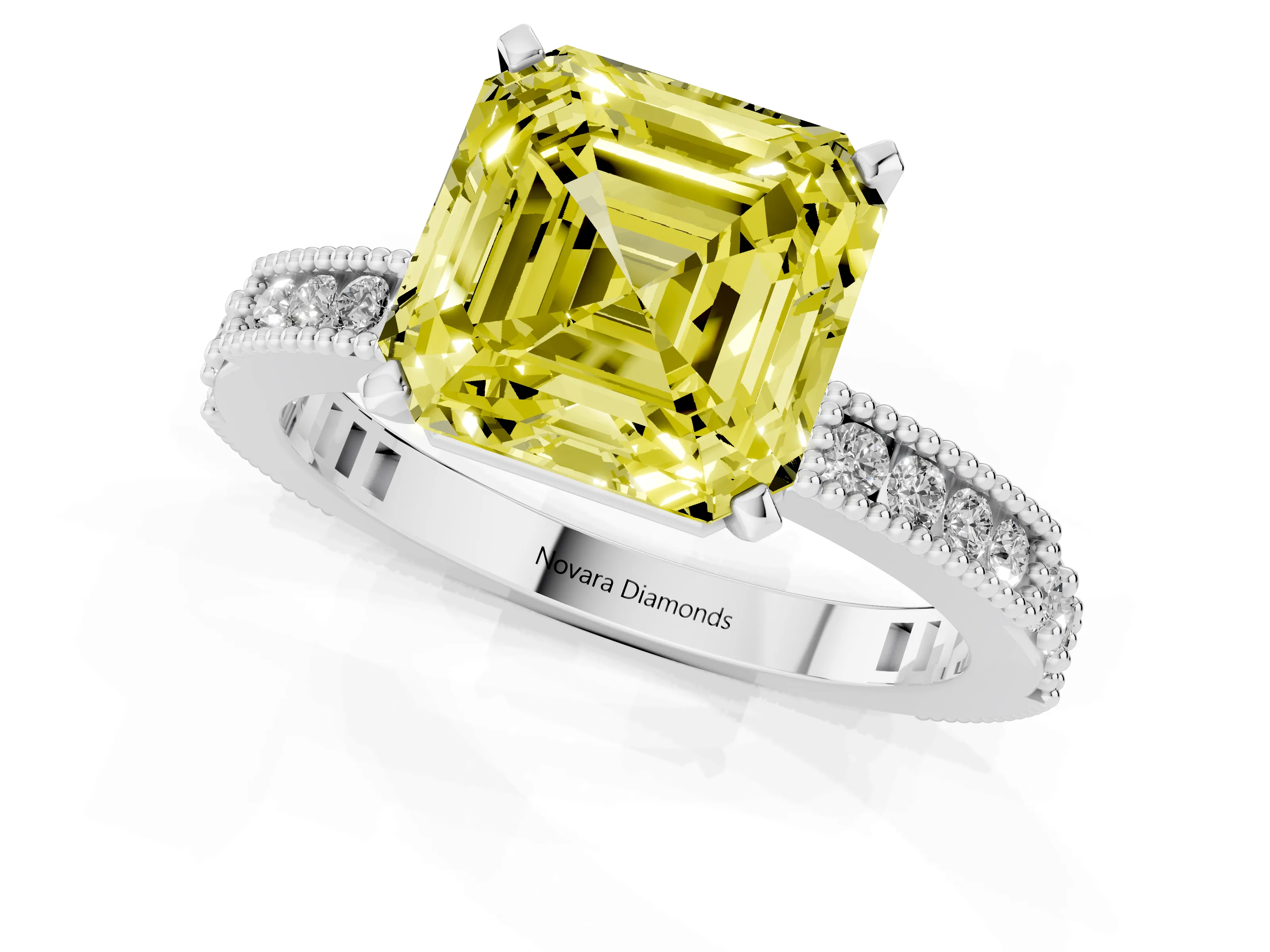 Fancy Yellow Asscher Cut Diamond Solitaire Ring Set in Silver with Slim Pavé Band and Prong Setting