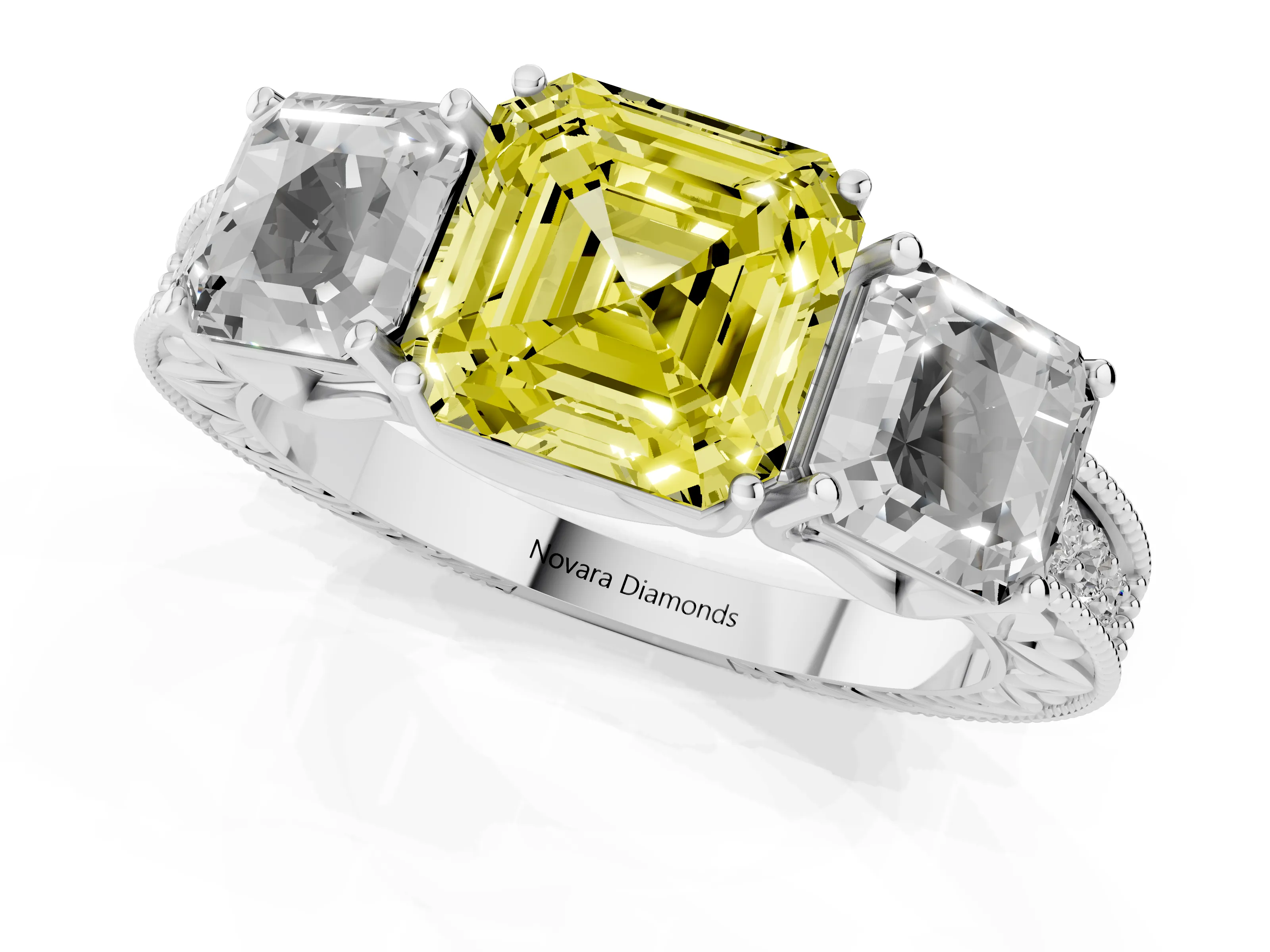 Fancy Yellow Asscher Cut Diamond Three-Stone Engagement Ring Set in Silver with Milgrain Pavé Band