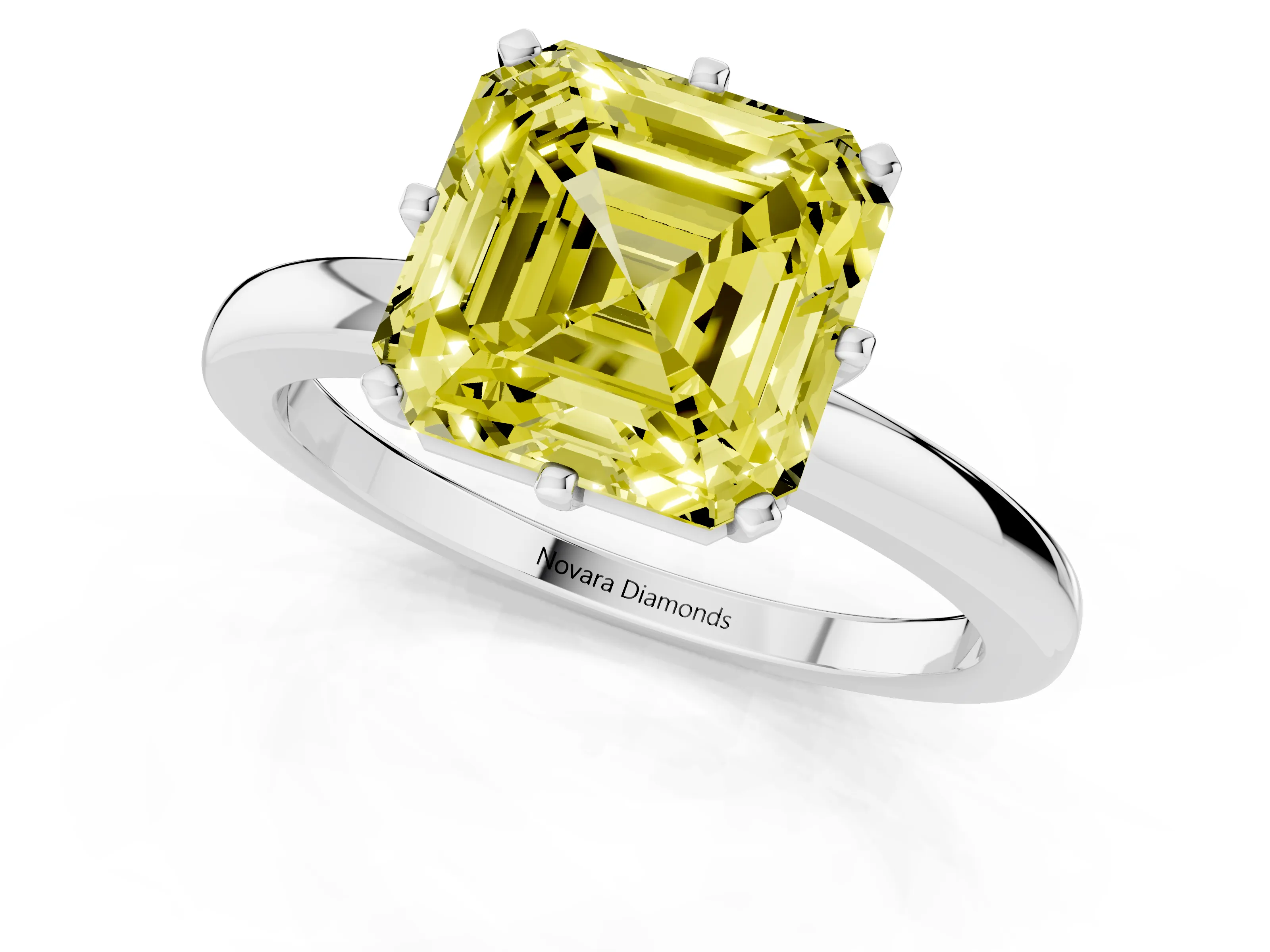 Fancy Yellow Asscher Cut Diamond Solitaire Ring Set in White gold with Raised Prong Setting on a Classic Band