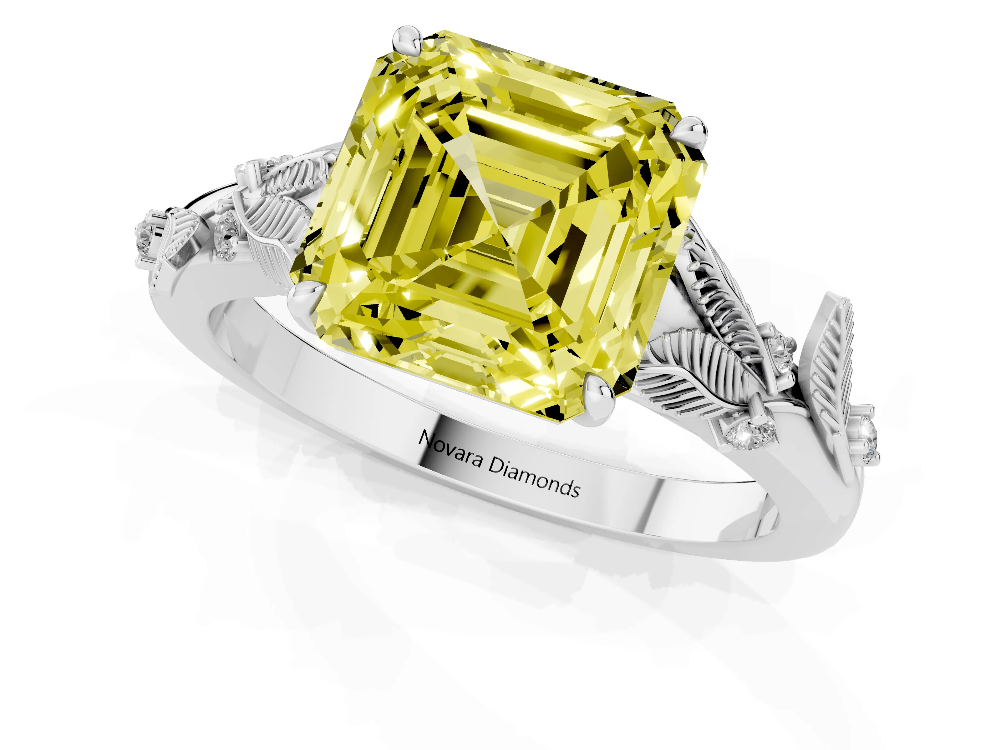 Fancy Yellow Asscher Cut Diamond Solitaire Ring Set in White gold with Leaf Motif Band