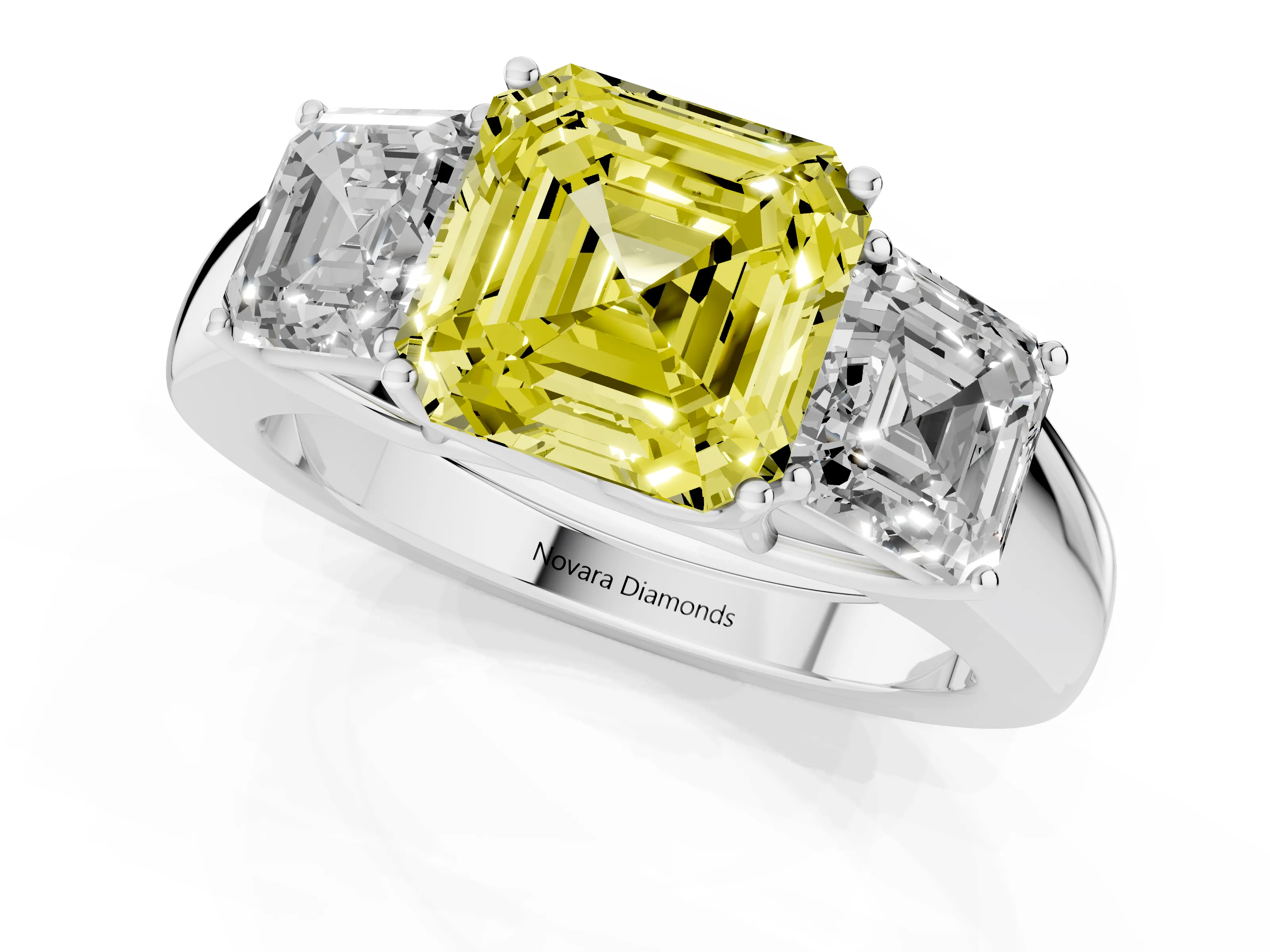Fancy Yellow Three-Stone Asscher Cut Diamond Ring Set in Silver with Matching Prong Settings and Plain Band