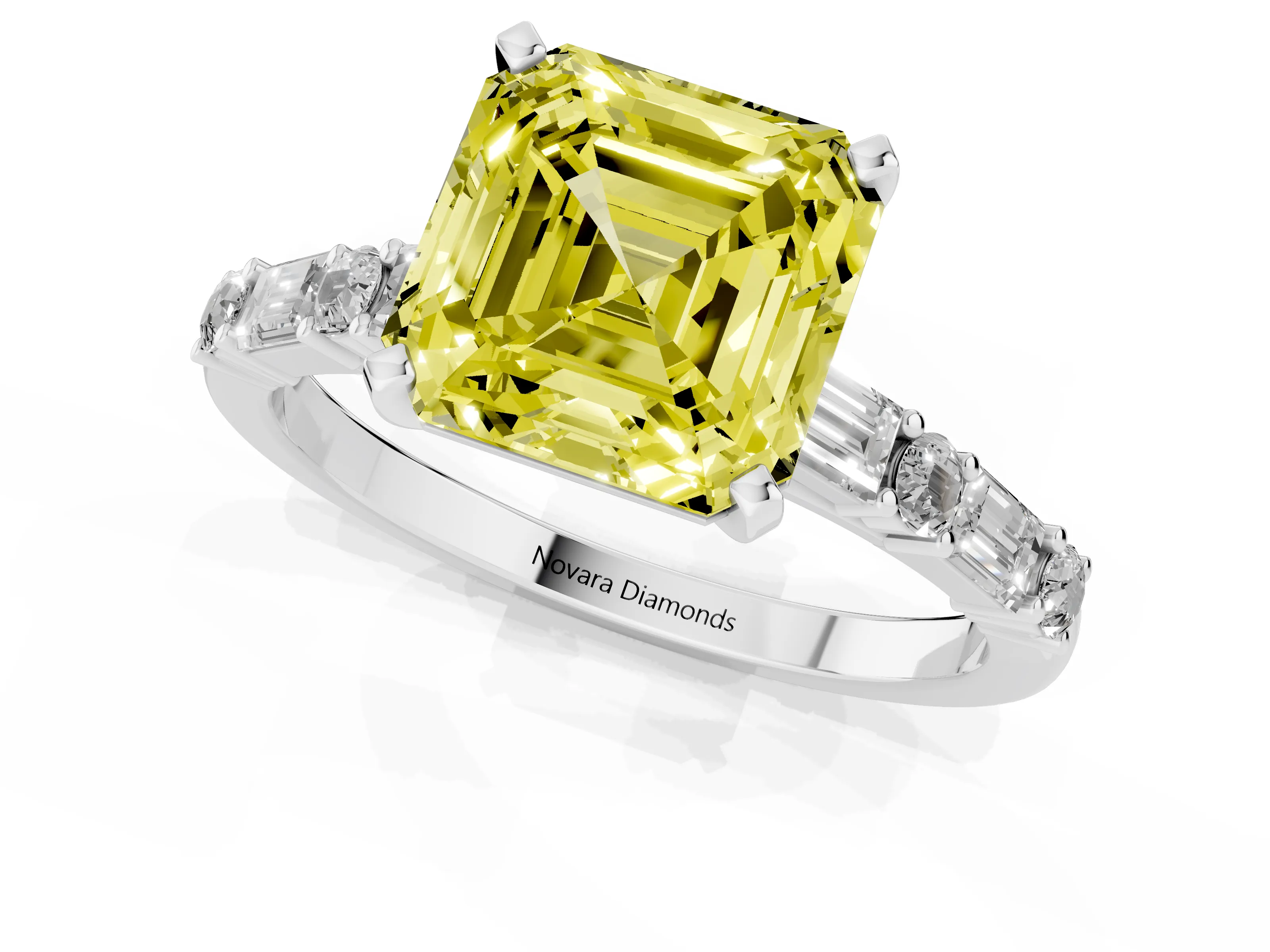 Fancy Yellow Asscher Cut Diamond Solitaire Set in Silver with Side Baguettes and Channel Set Band
