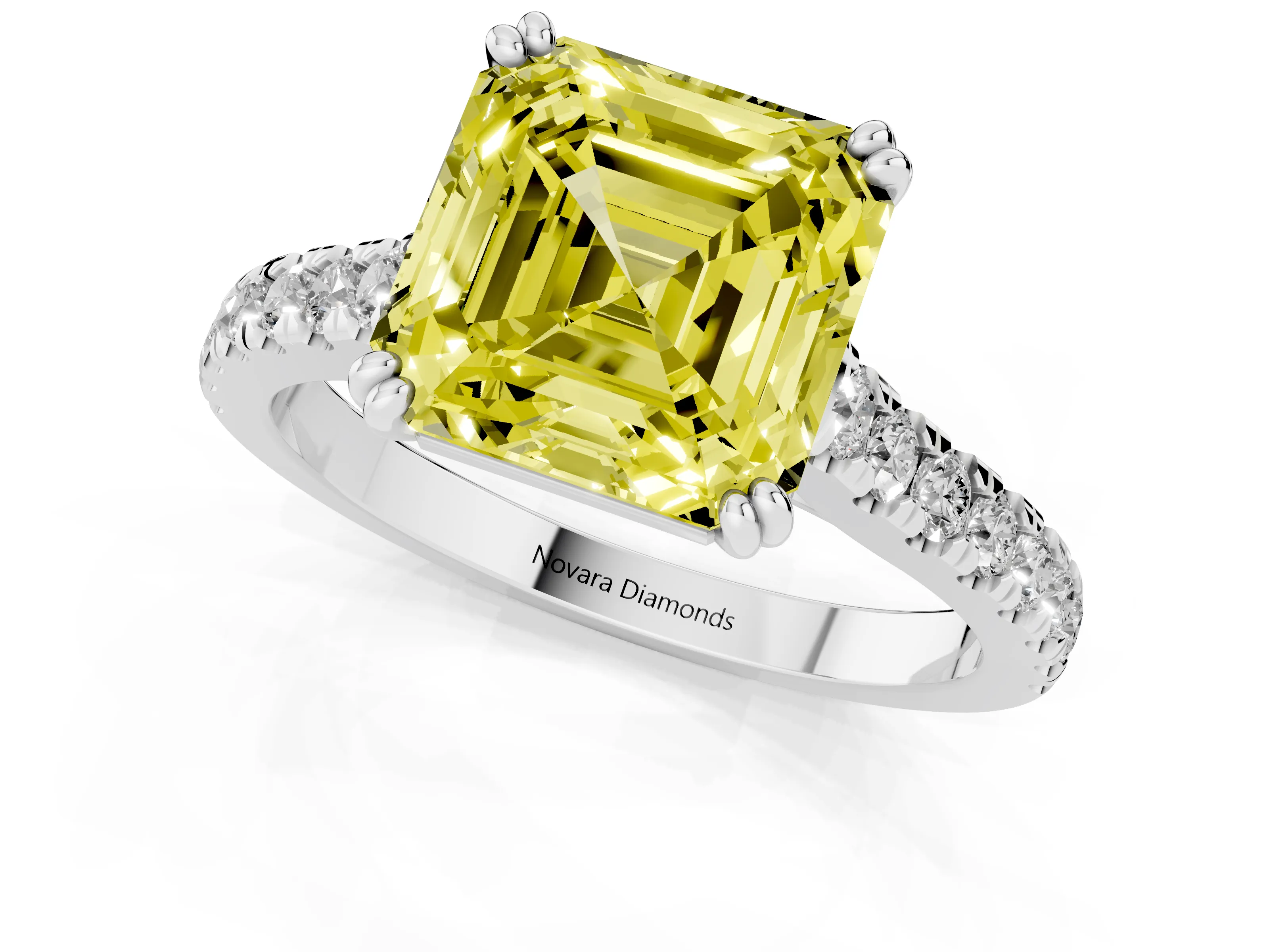Fancy Yellow Asscher Cut Diamond Solitaire Engagement Ring Set in Platinum with Pavé Accents and Prong Setting