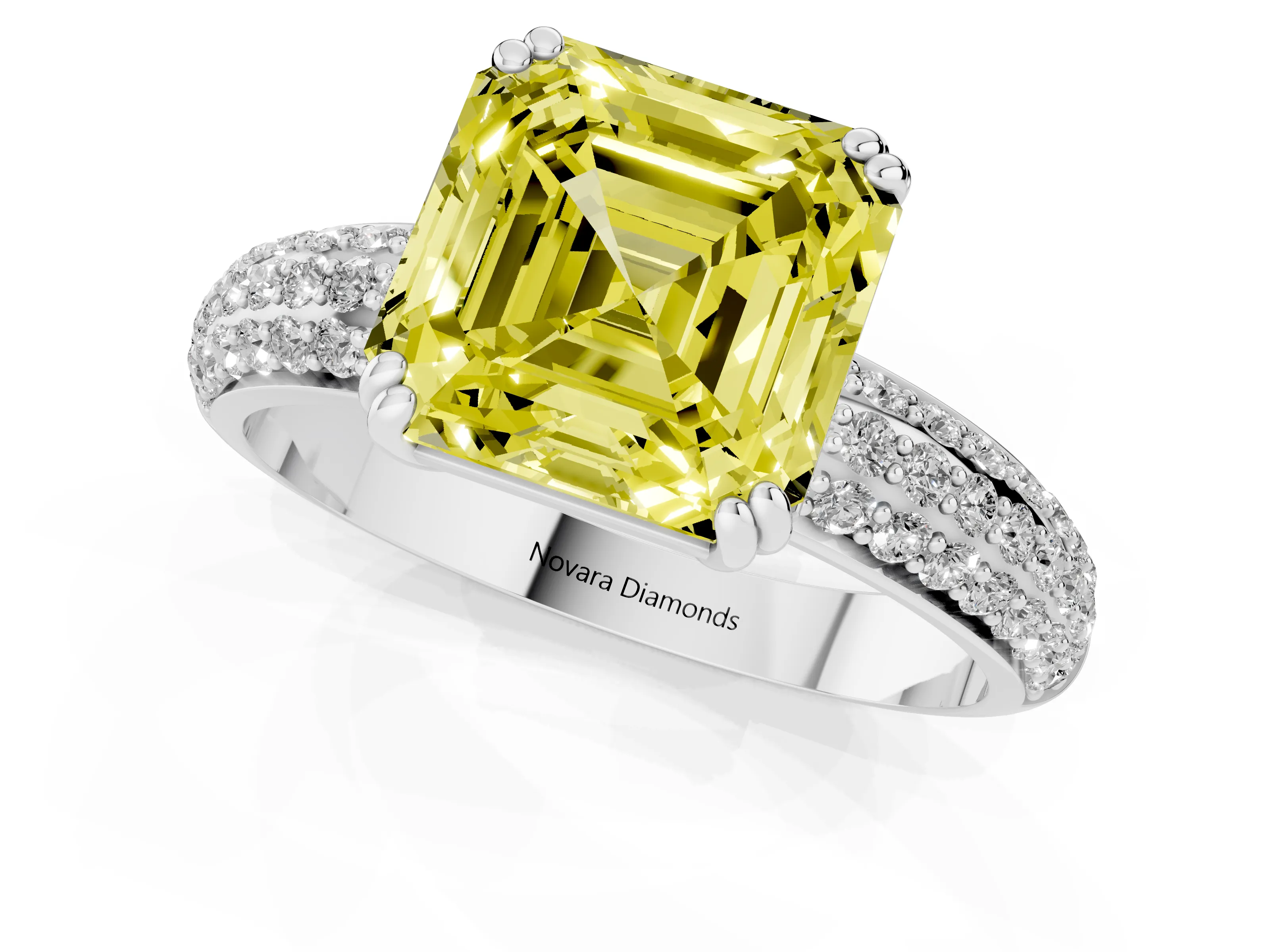 Fancy Yellow Asscher Cut Diamond Solitaire Ring Set in Platinum with Multi-Row Round Pavé Band and Prong Setting