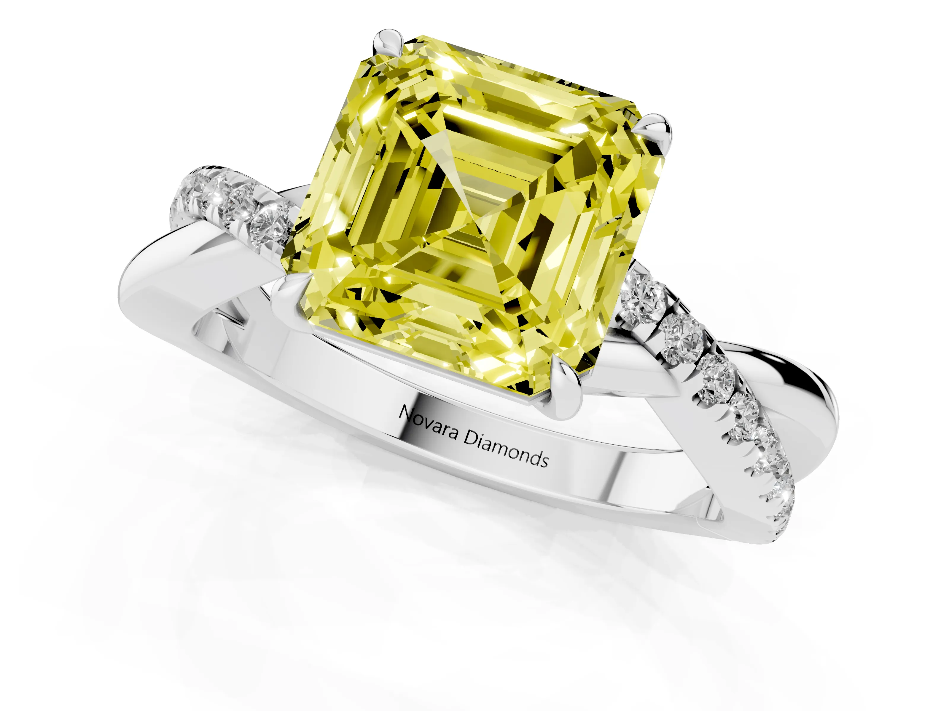 Fancy Yellow Asscher Cut Diamond Twisted Pavé Band Ring Set in Silver with Prong Setting