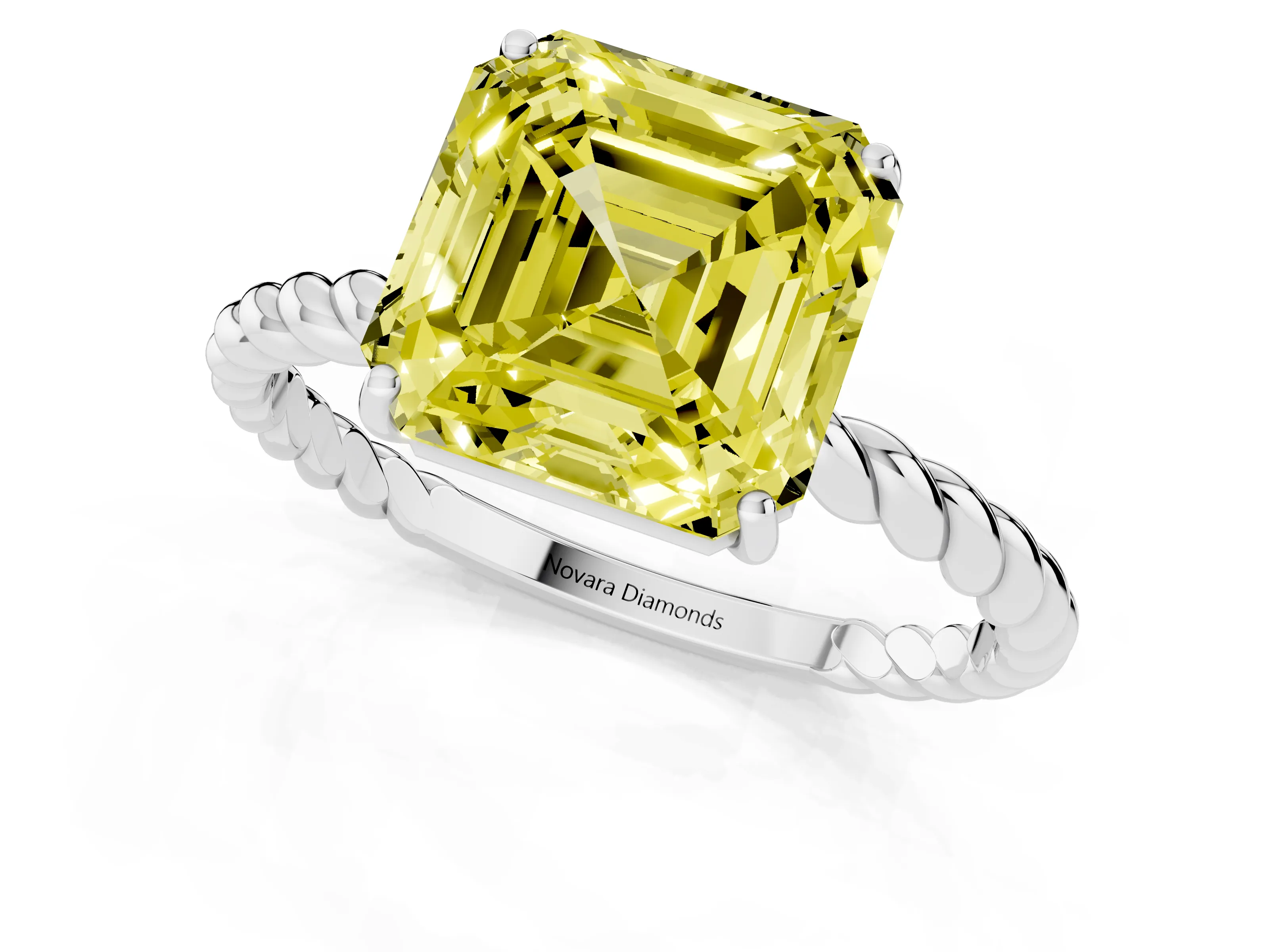 Fancy Yellow Asscher Cut Diamond Solitaire Ring Set in White gold with Twist Band and Prong Setting