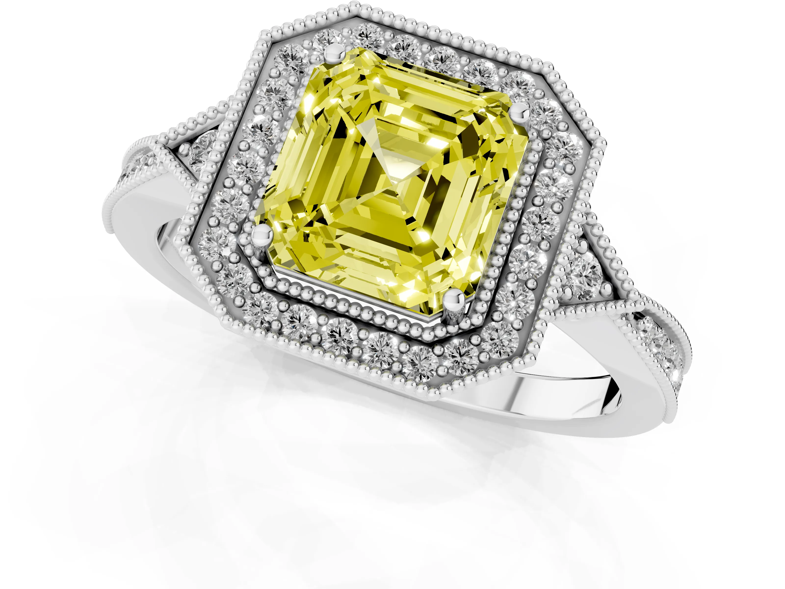 Fancy Yellow Asscher Cut Diamond Halo Engagement Ring Set in Platinum with Milgrain Pavé Band – second view