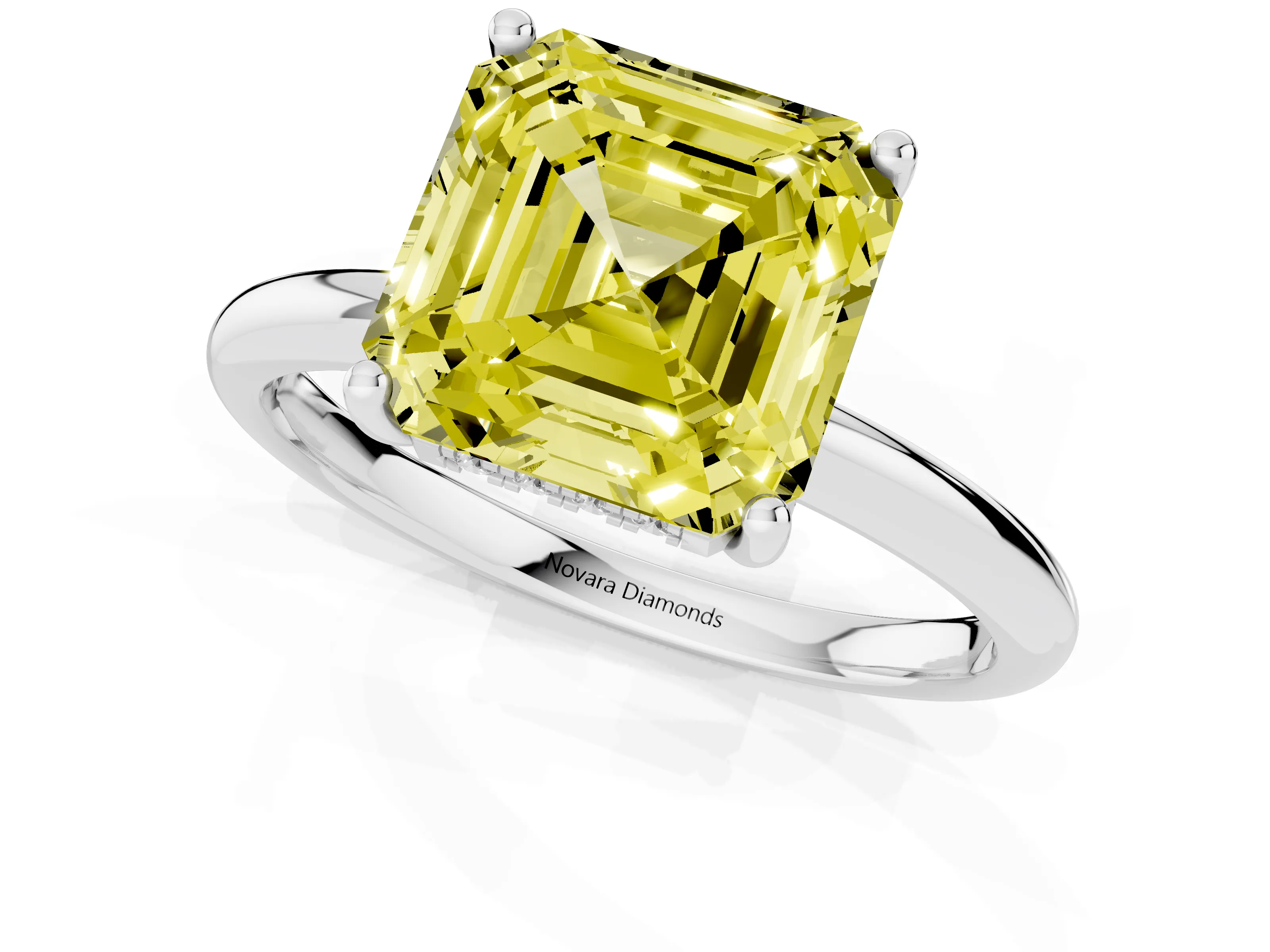 Fancy Yellow Asscher Cut Diamond Solitaire Engagement Ring Set in Silver with Prong Setting and Polished Band