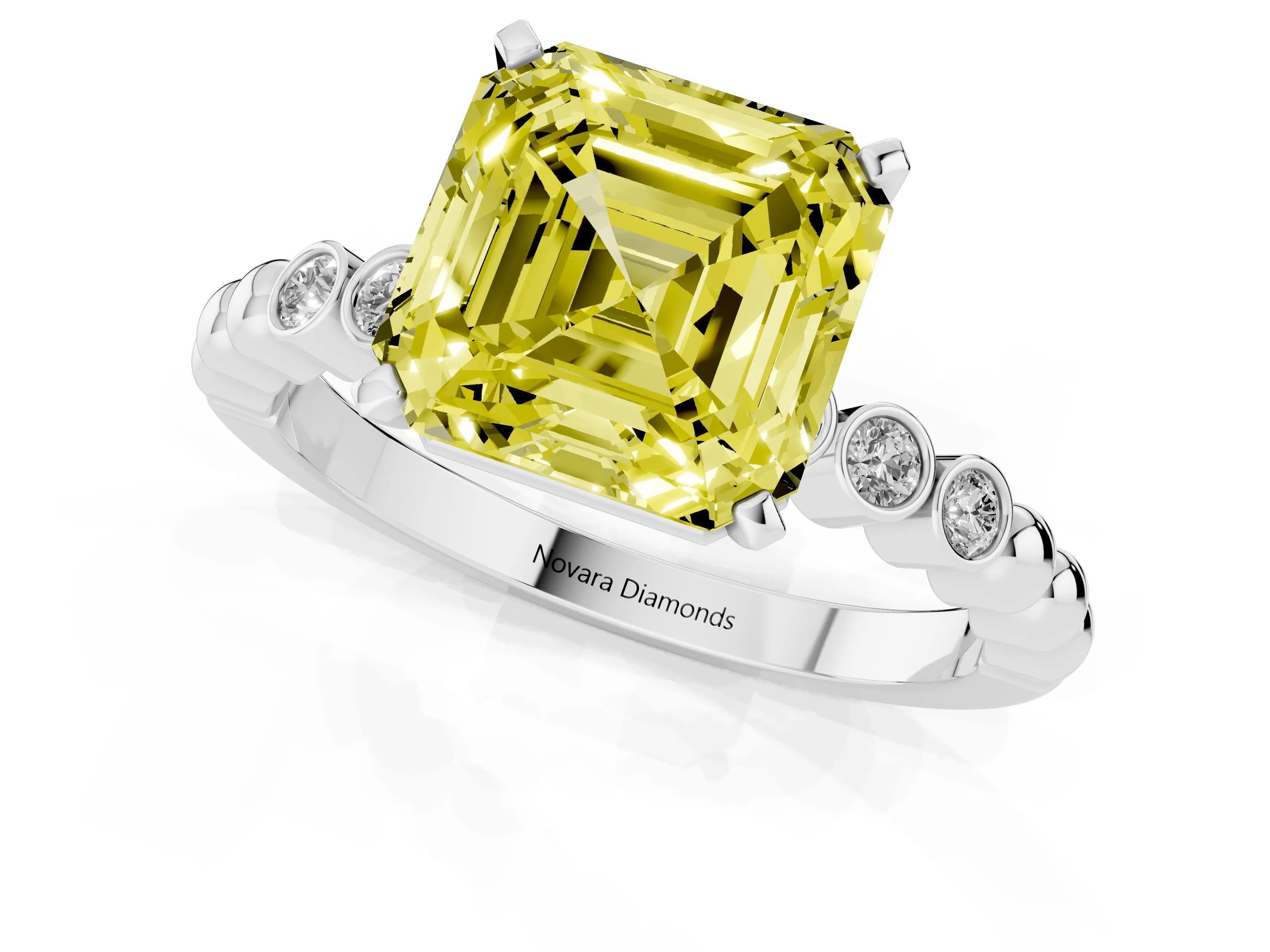 Fancy Yellow Asscher Cut Diamond Solitaire Engagement Ring Set in Silver with Bezel Accents on Beaded Band – second view