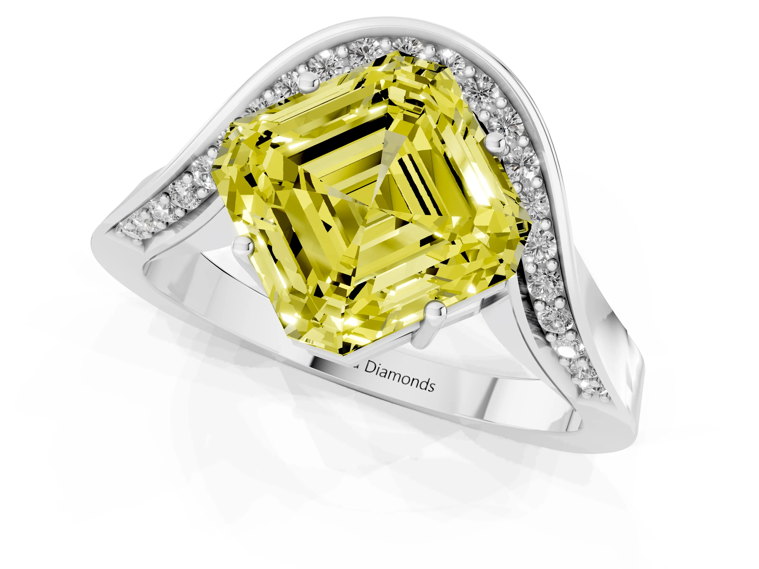 Fancy Yellow Asscher Cut Diamond Solitaire Engagement Ring Set in Silver with Pavé Shoulders