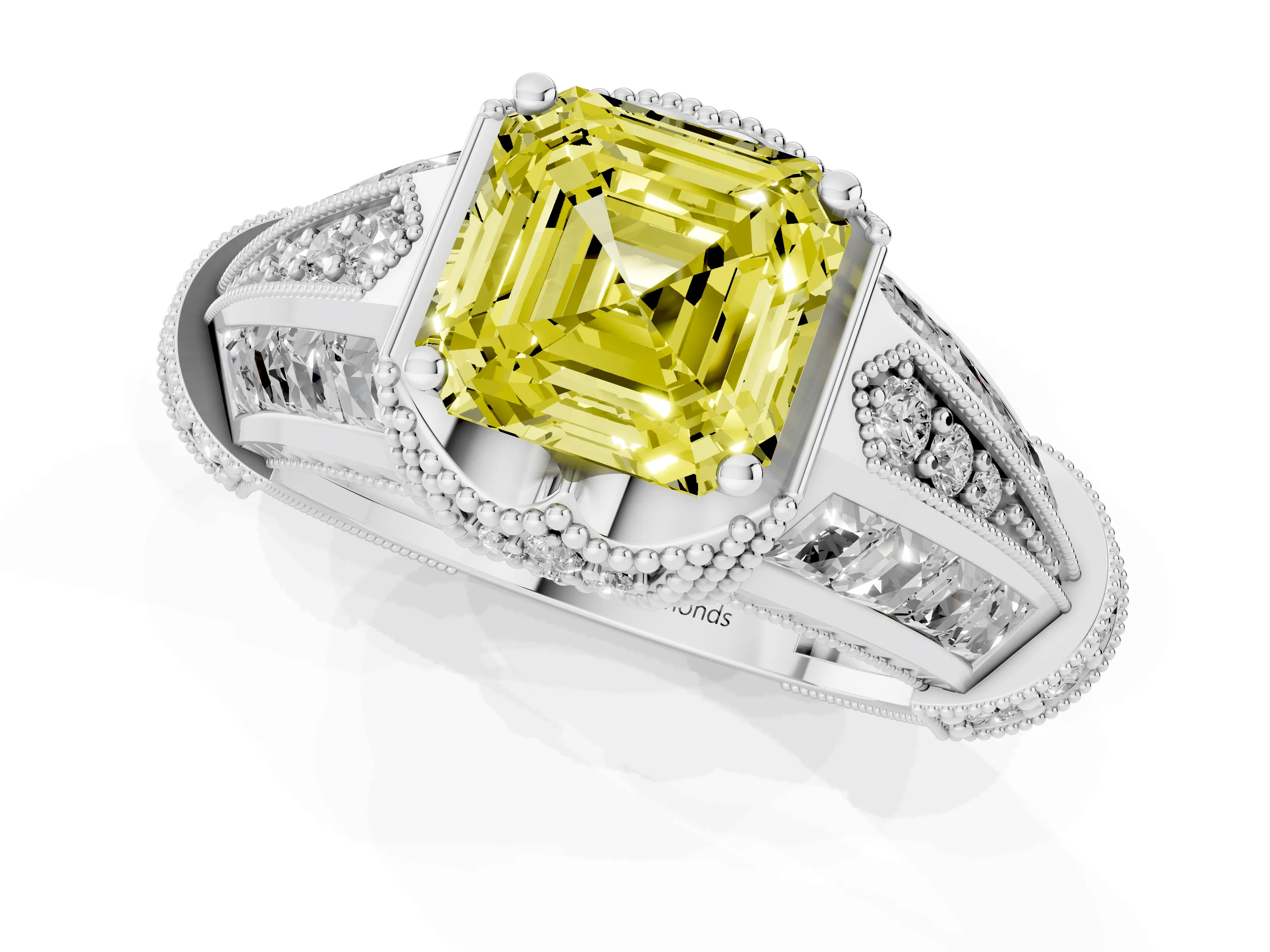 Fancy Yellow Asscher Cut Diamond Vintage-Inspired Milgrain Ring Set in Platinum with Accent Split Shank
