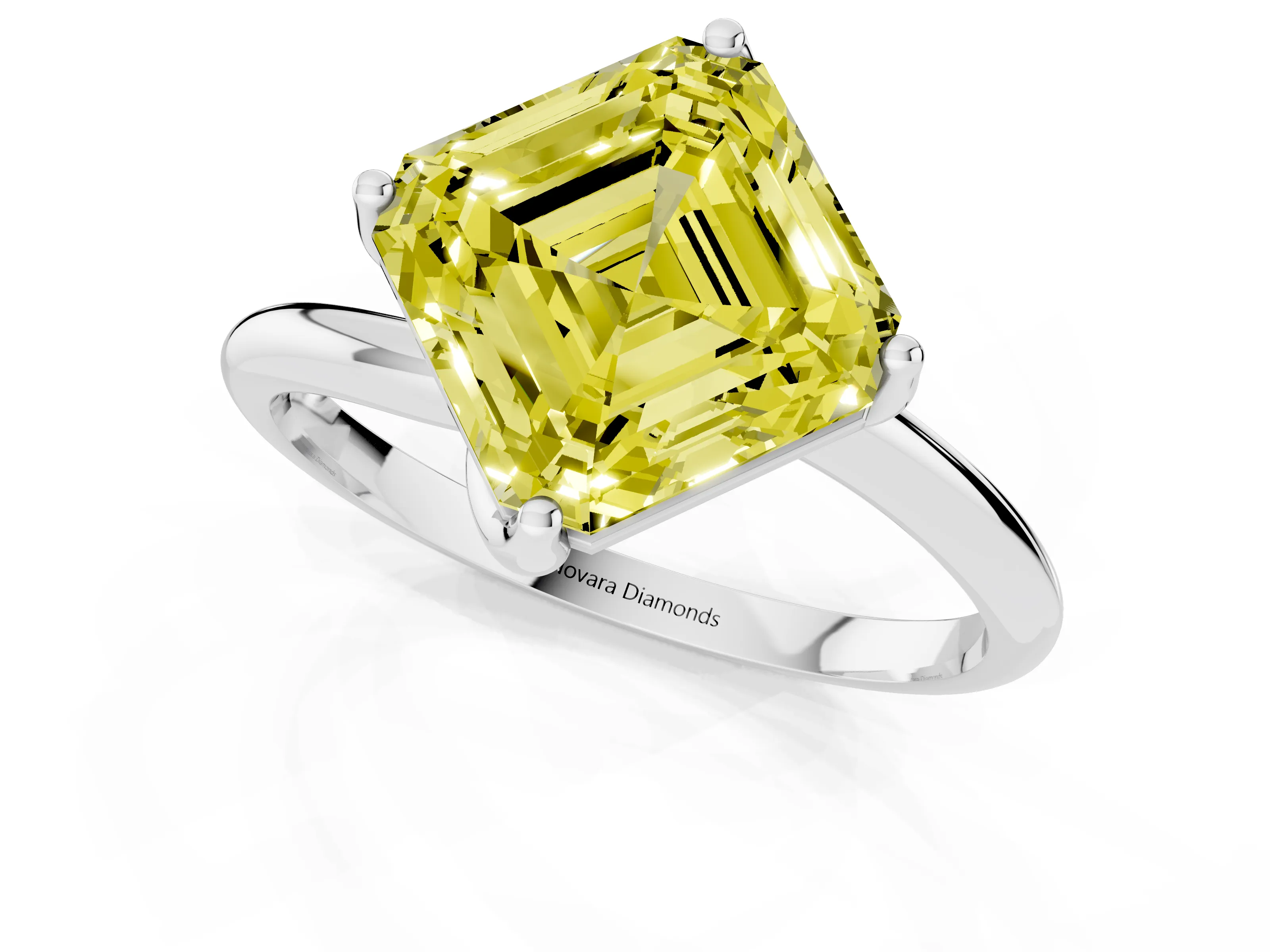 Fancy Yellow Asscher Cut Diamond Solitaire Engagement Ring Set in White gold with Classic Plain Band