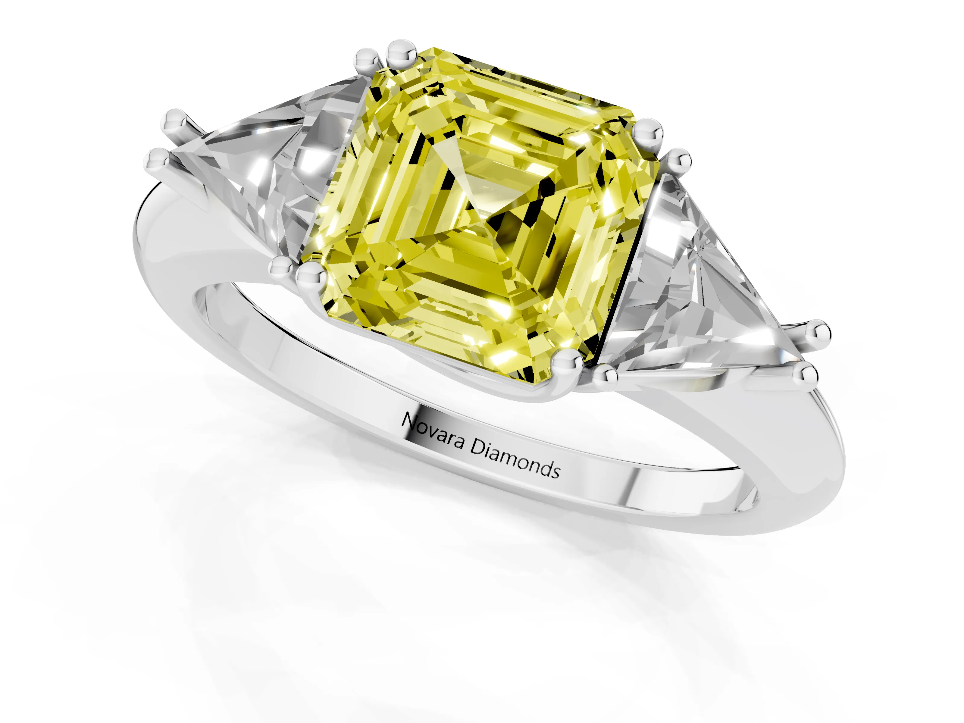Fancy Yellow Asscher Cut Diamond Three-Stone Engagement Ring Set in White gold with Trillion Side Stones