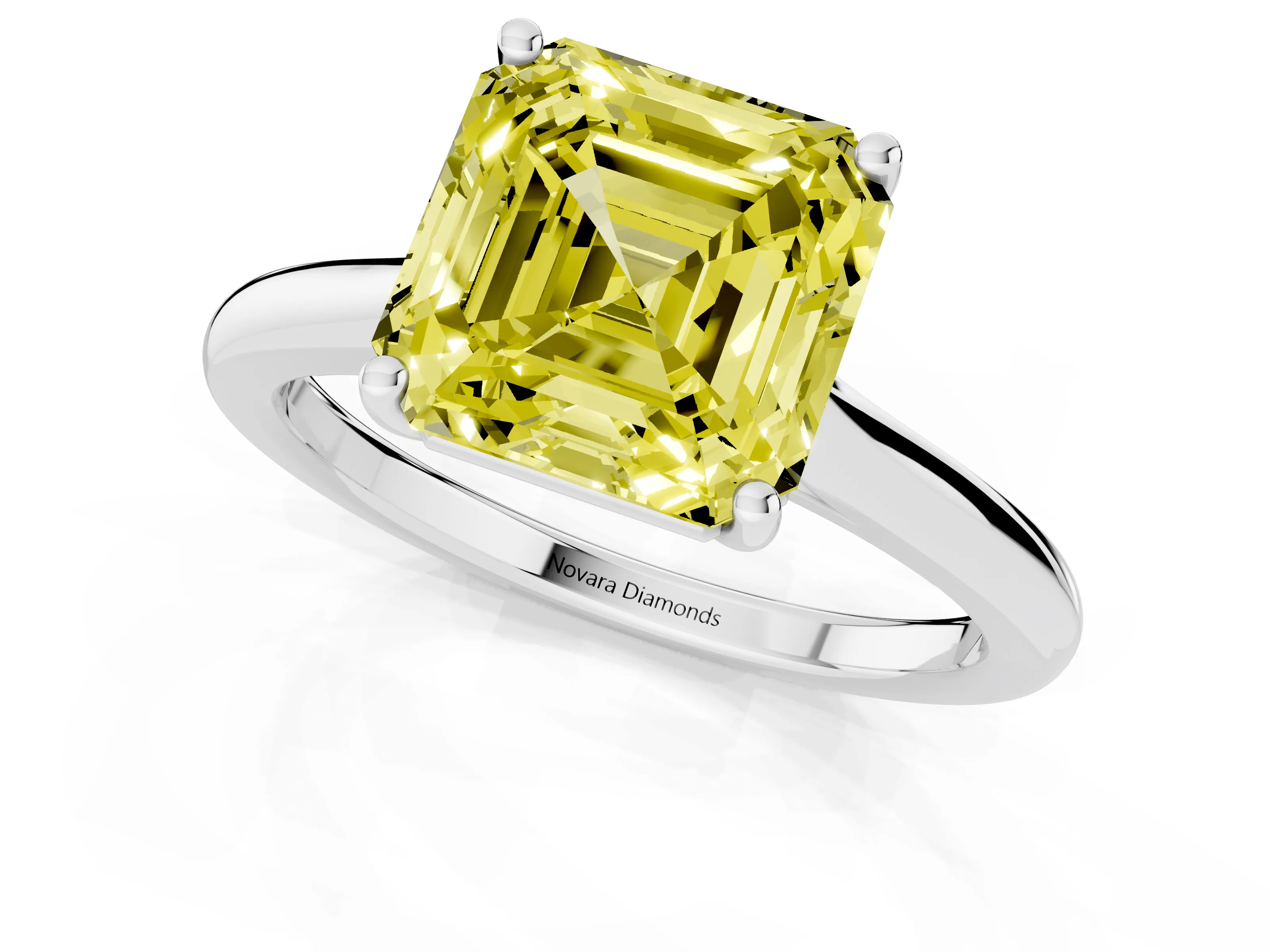 Fancy Yellow Asscher Cut Diamond Solitaire Ring Set in Silver with Cathedral Band and Prong Setting
