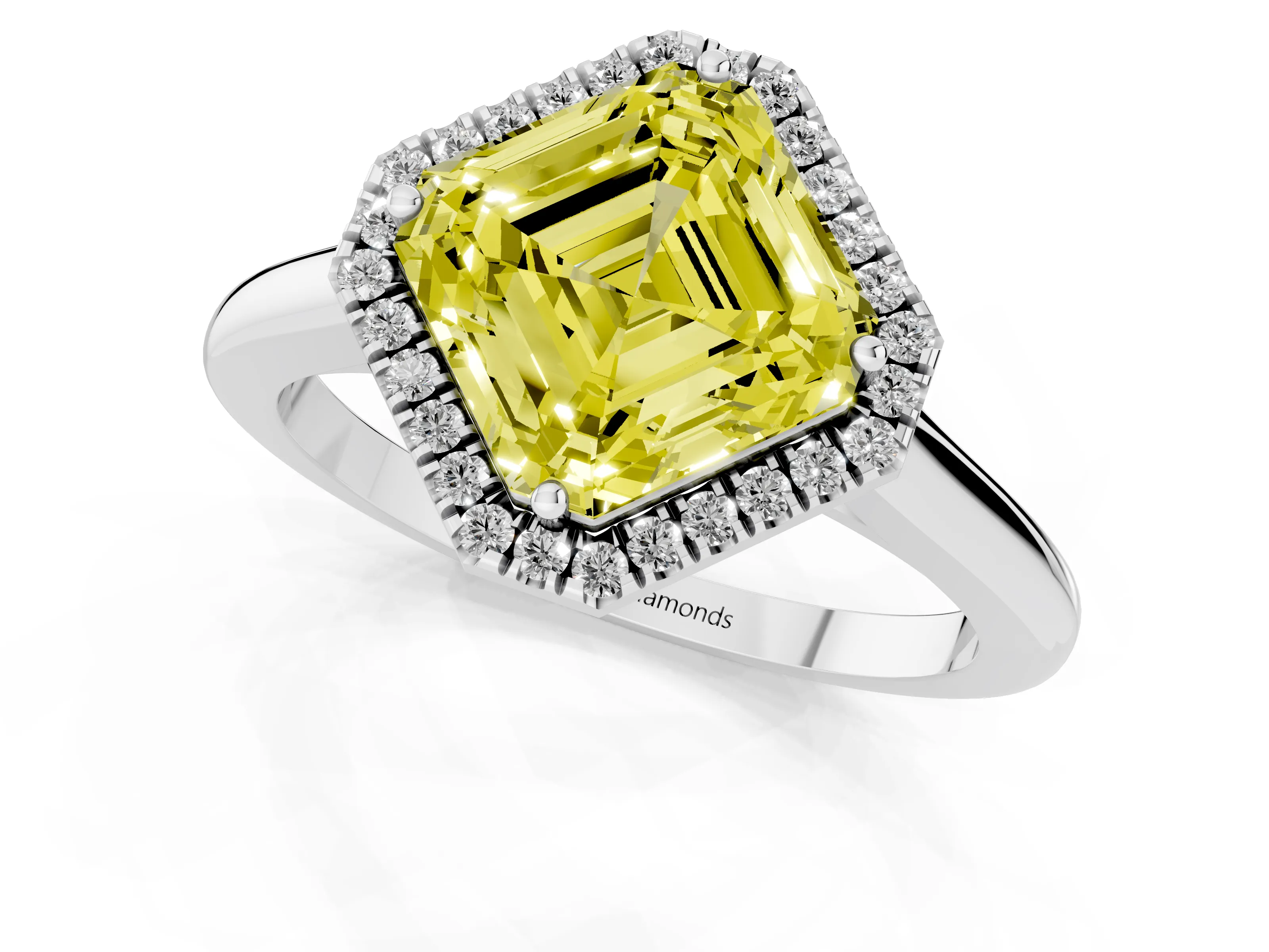 Fancy Yellow Asscher Cut Diamond Halo Engagement Ring Set in White gold with Pavé Band and Rising Shoulders – second view