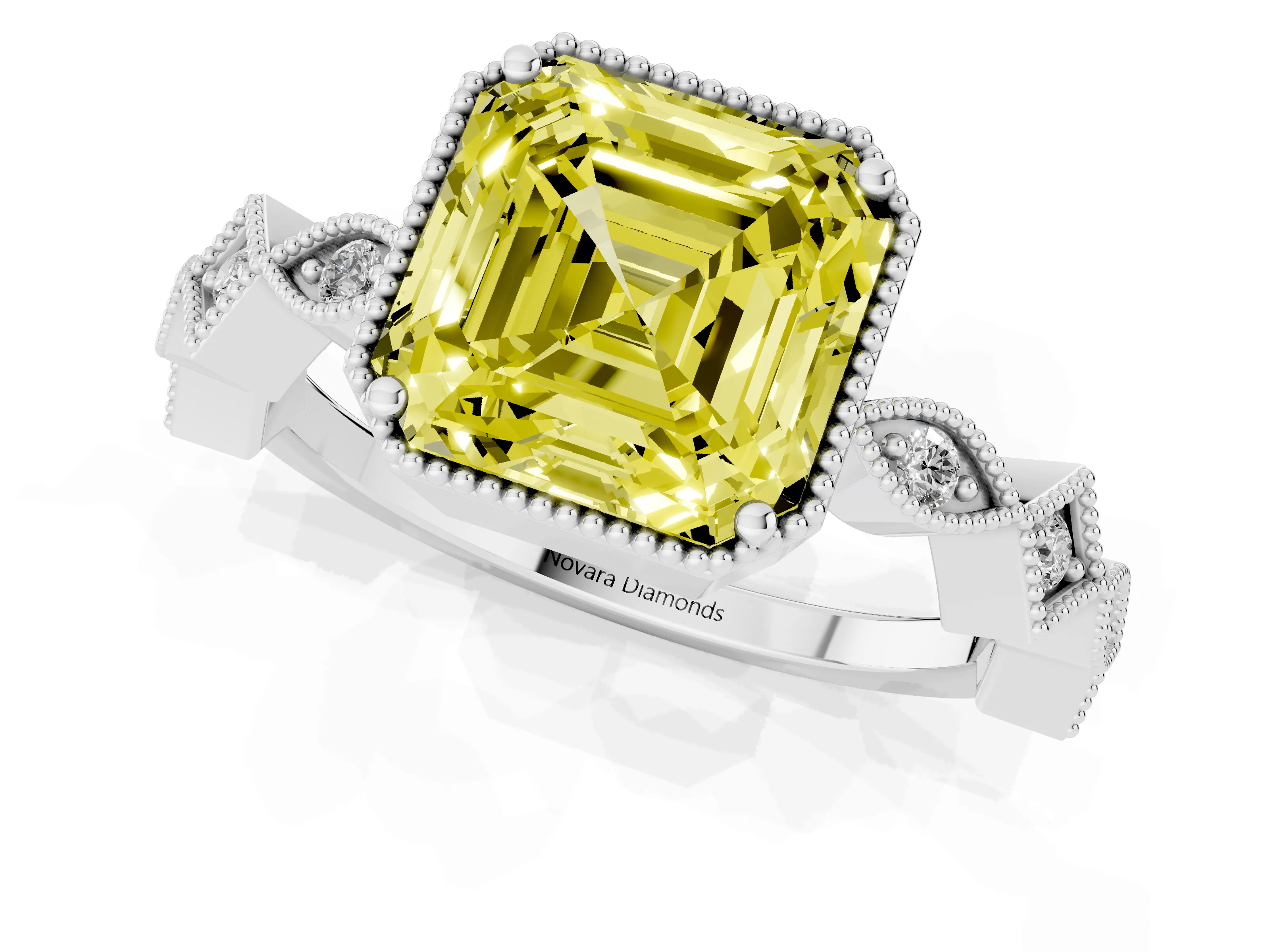 Fancy Yellow Asscher Cut Diamond Milgrain Marquise Twist Band Ring Set in Silver with Prong Setting
