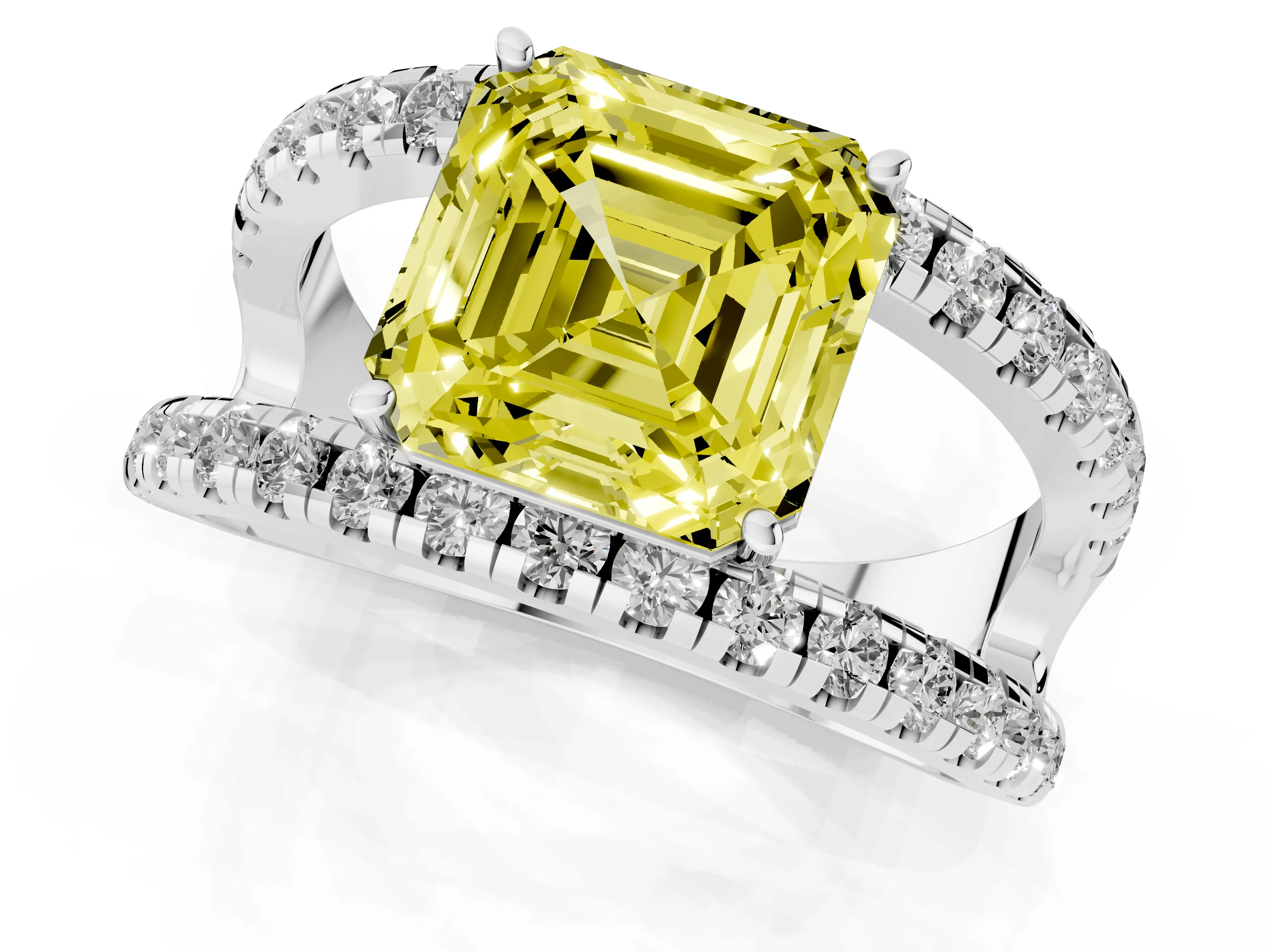 Fancy Yellow Asscher Cut Diamond Split Shank Pavé Solitaire Ring Set in Platinum with Open Shank Design