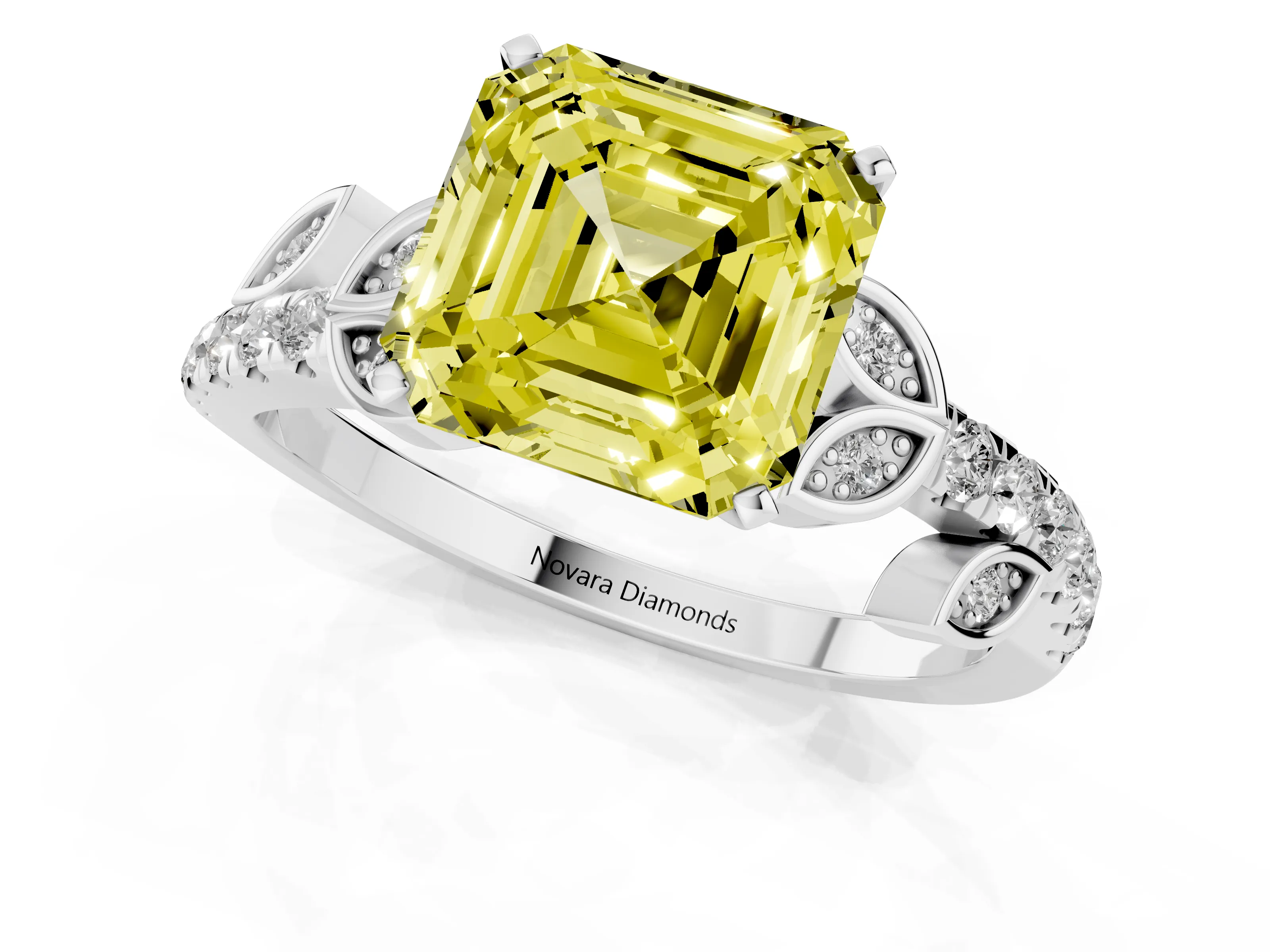 Fancy Yellow Asscher Cut Diamond Solitaire Leaf-Inspired Ring Set in Silver with Pavé Band and Prong Setting