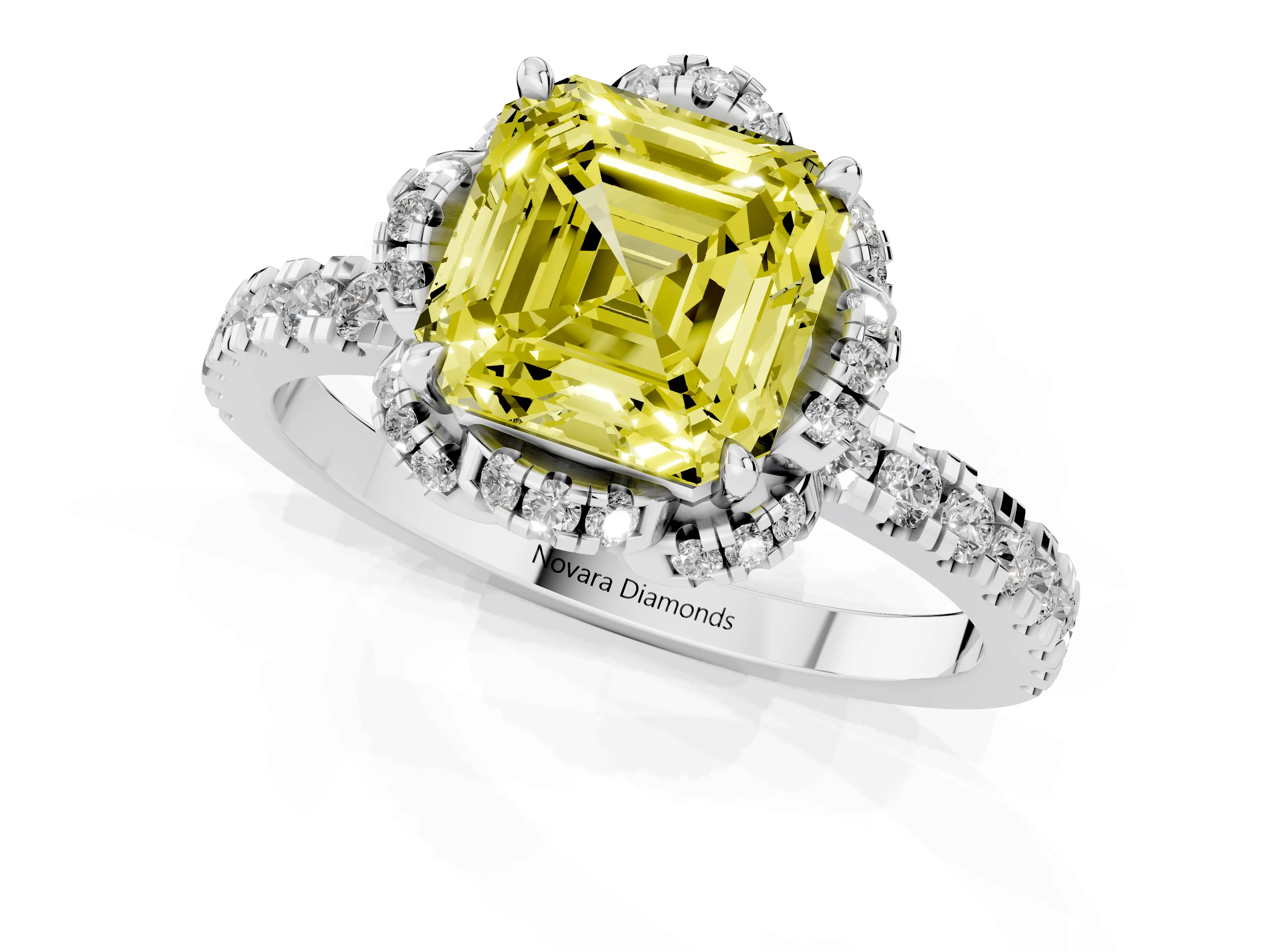 Fancy Yellow Asscher Cut Diamond Halo Pavé Ring Set in Platinum with Prong-Held Center Stone