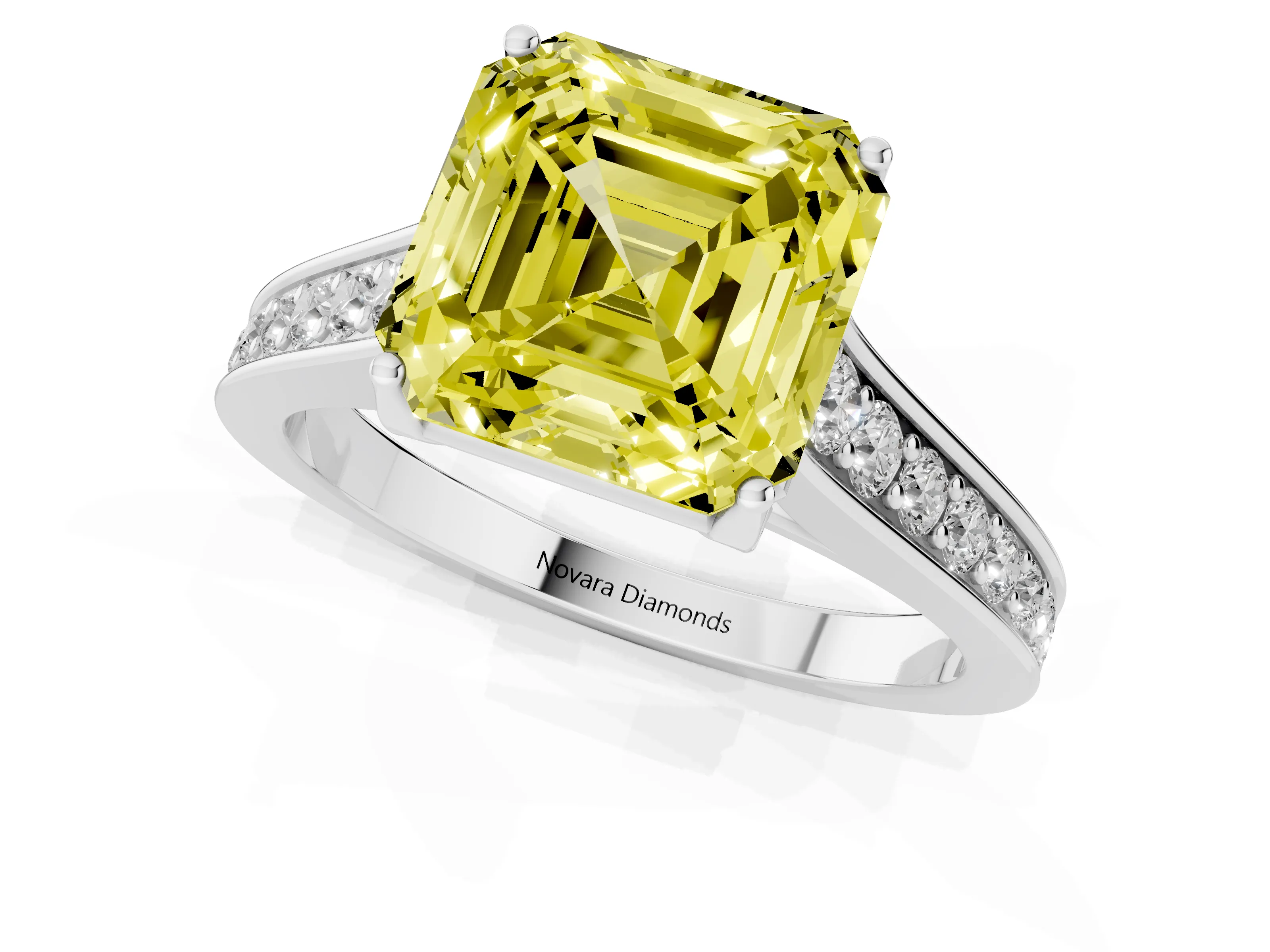 Fancy Yellow Asscher Cut Diamond Solitaire Pavé Engagement Ring Set in White gold with Prong Setting