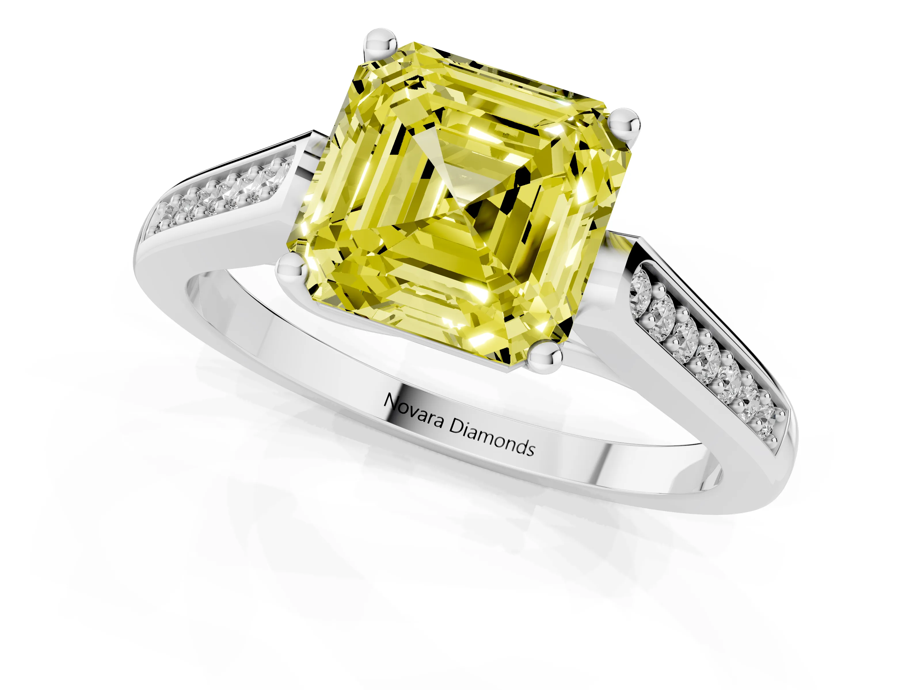Fancy Yellow Asscher Cut Diamond Solitaire Cathedral Engagement Ring Set in White gold with Channel-Set Band and Prong Setting