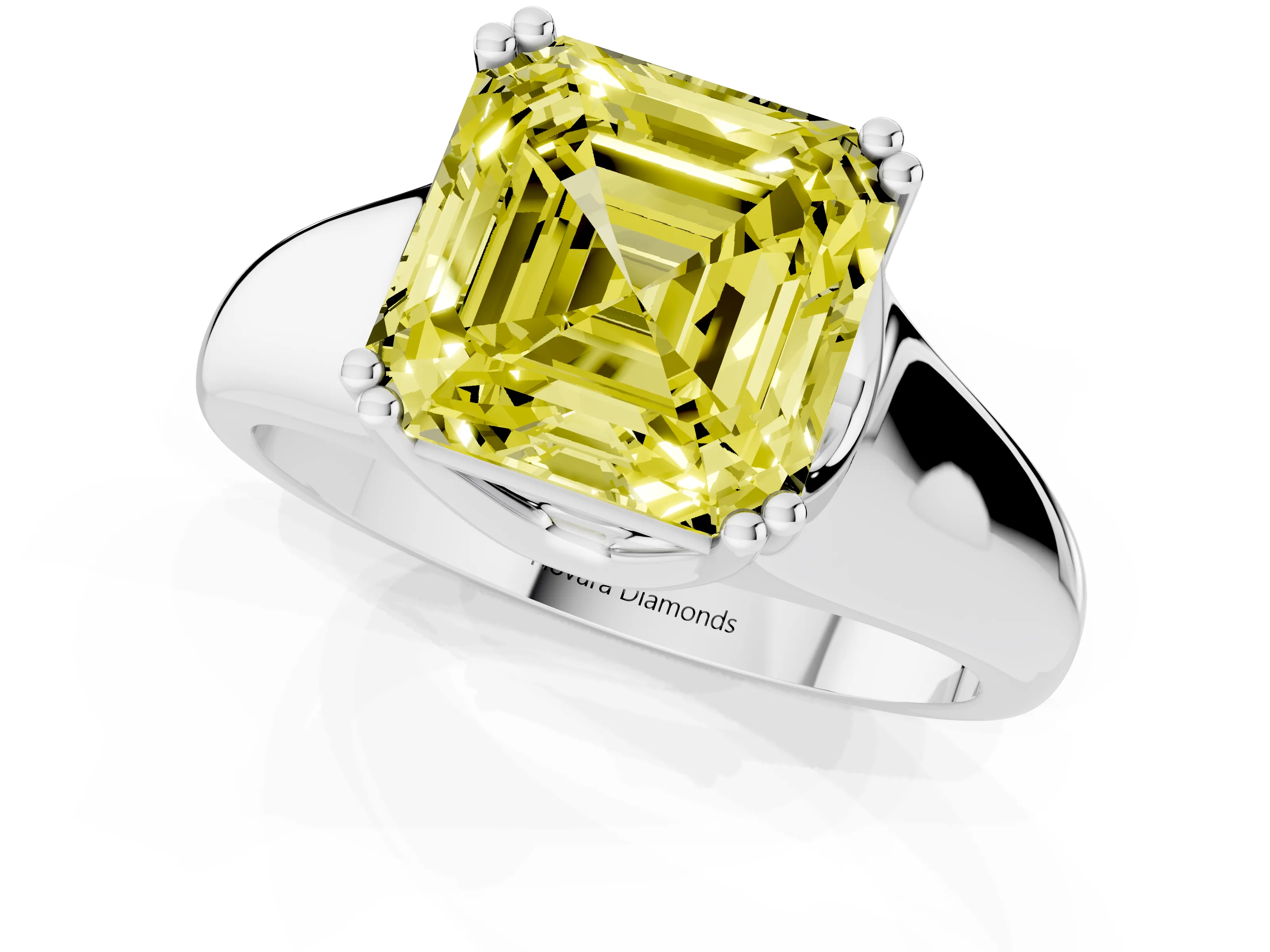 Fancy Yellow Asscher Cut Diamond Solitaire Ring Set in Platinum with Wide Band and Prong Setting