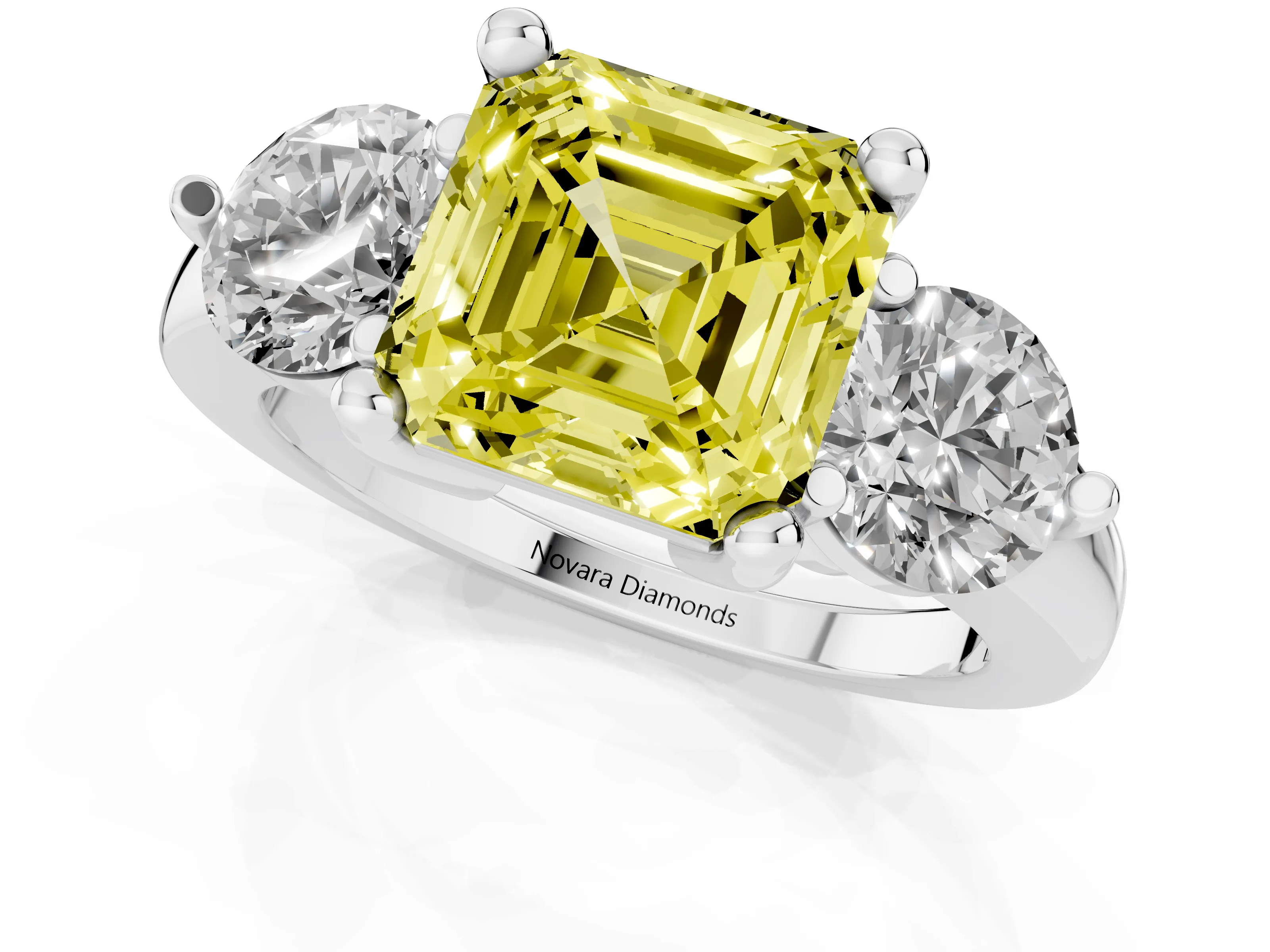 Fancy Yellow Asscher Cut Diamond Three-Stone Ring Set in White gold with Prong Setting and Classic Band