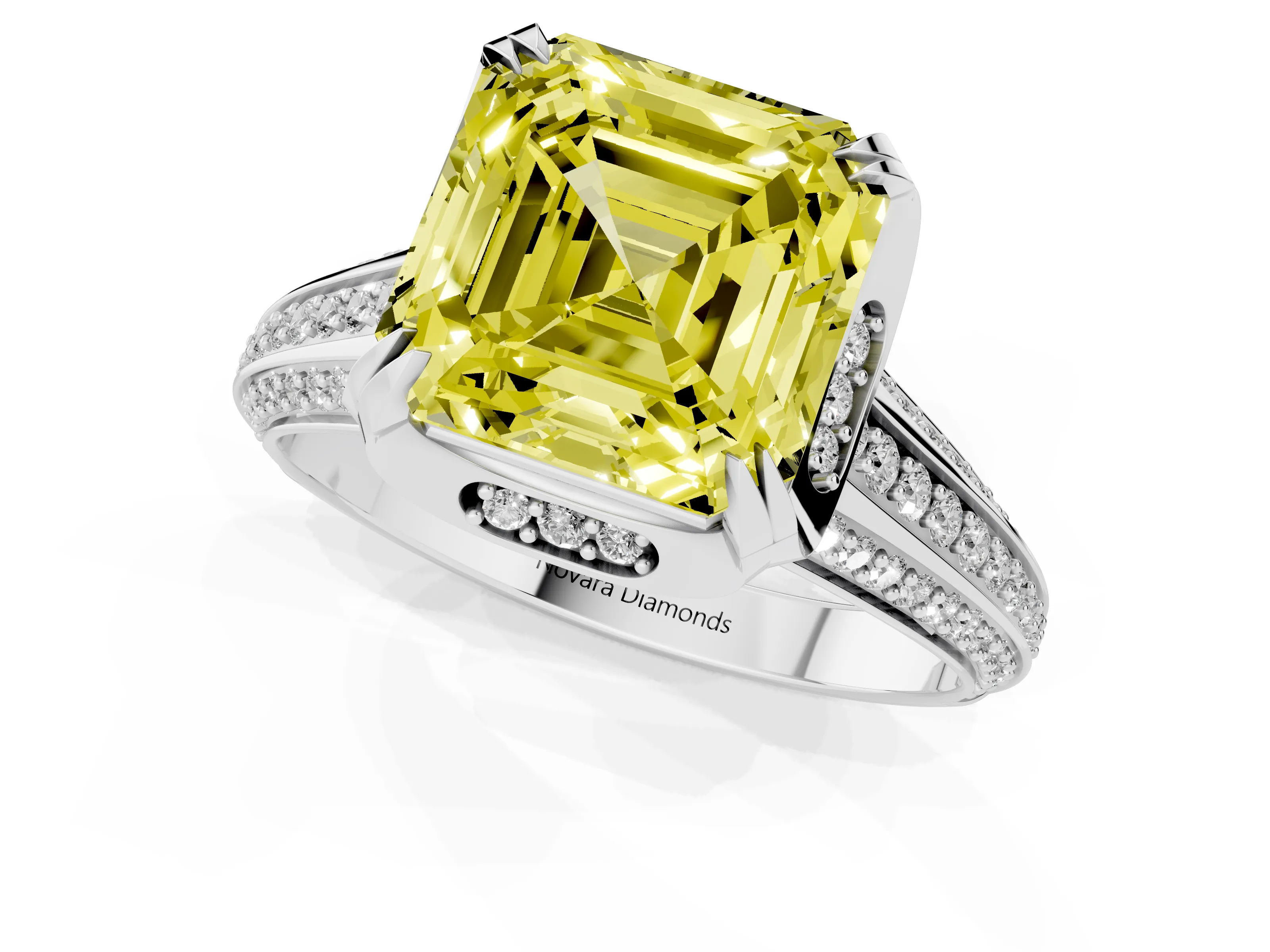 Fancy Yellow Asscher Cut Diamond Pavé Split Shank Solitaire Ring Set in Platinum with Prong Setting