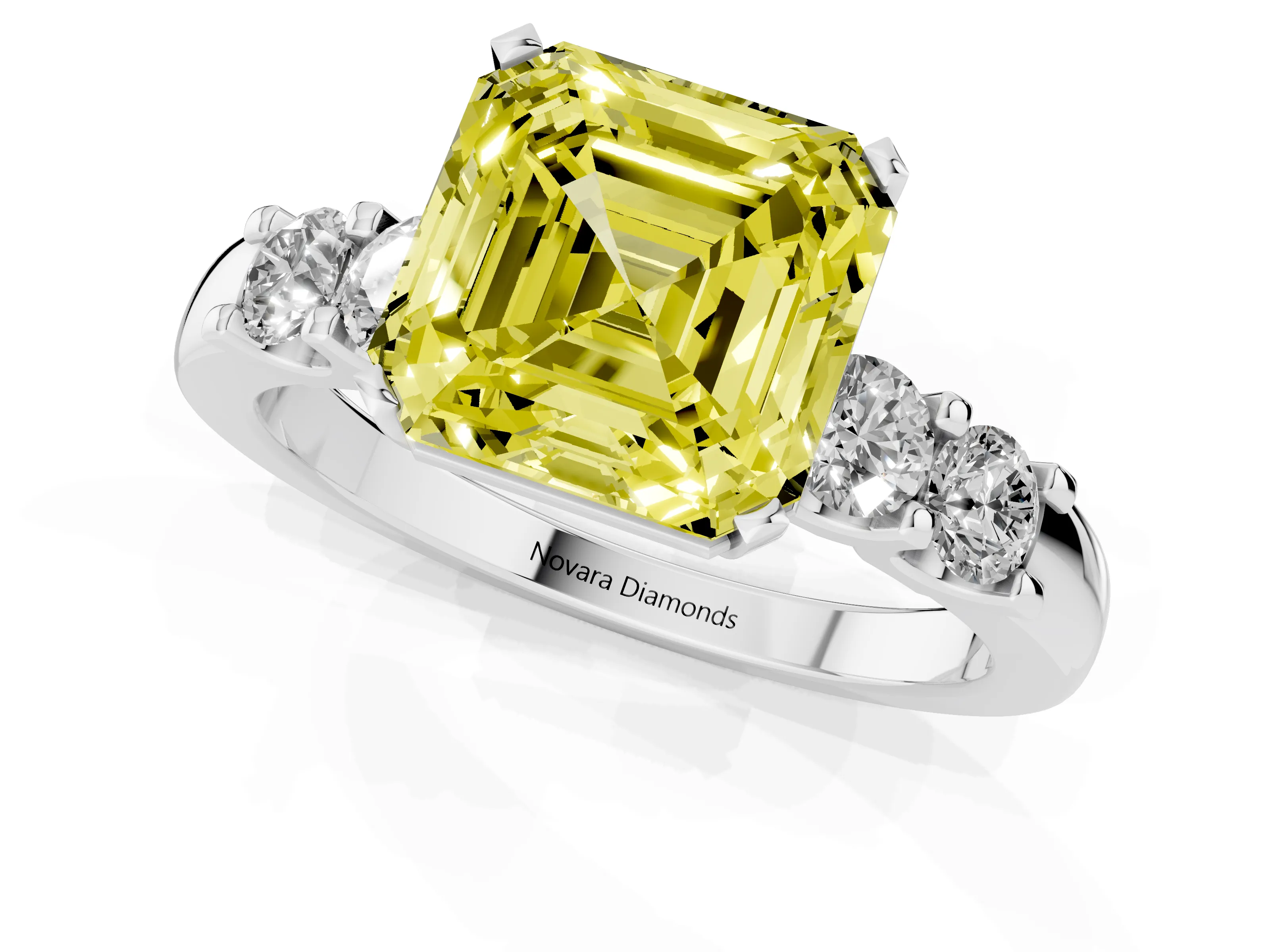 Fancy Yellow Asscher Cut Diamond Five-Stone Prong Set Engagement Ring Set in White gold with Channel Band