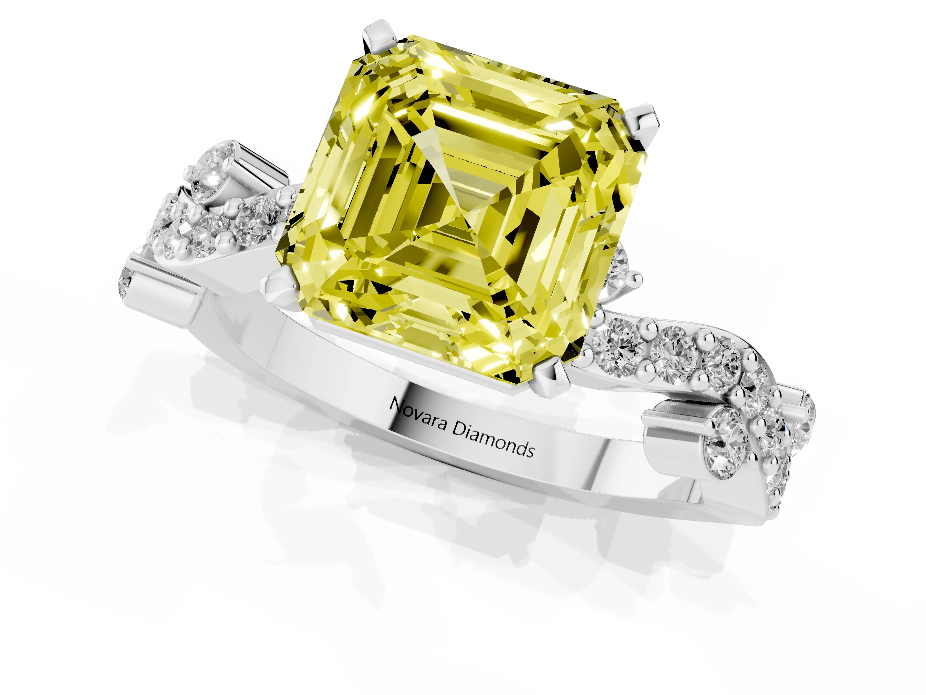 Fancy Yellow Asscher Cut Diamond Solitaire Twisted Band Set in Silver with Pavé Setting