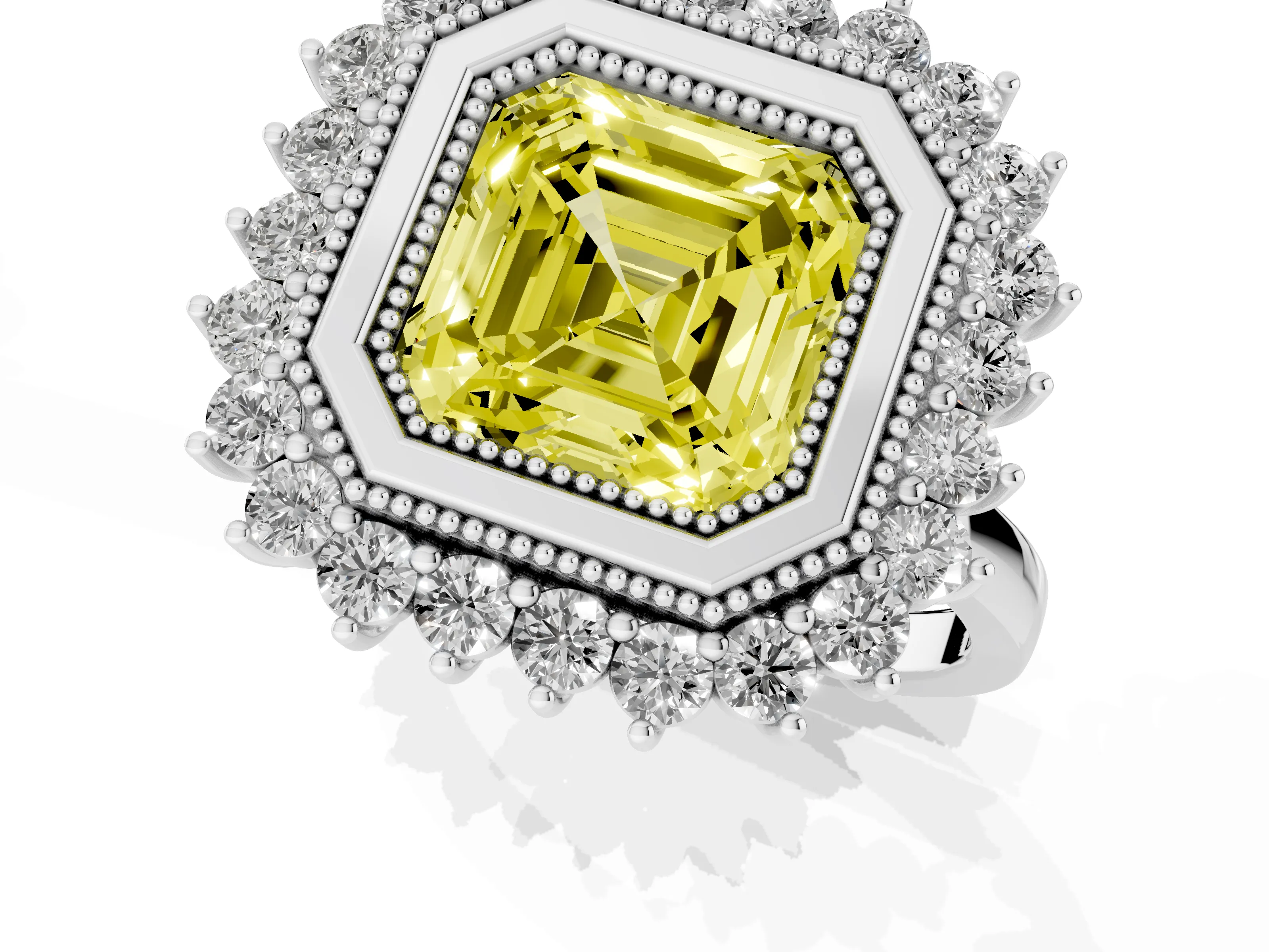 Fancy Yellow Asscher Cut Diamond Halo Ring Set in Silver with Milgrain Edge and Round Prong Setting