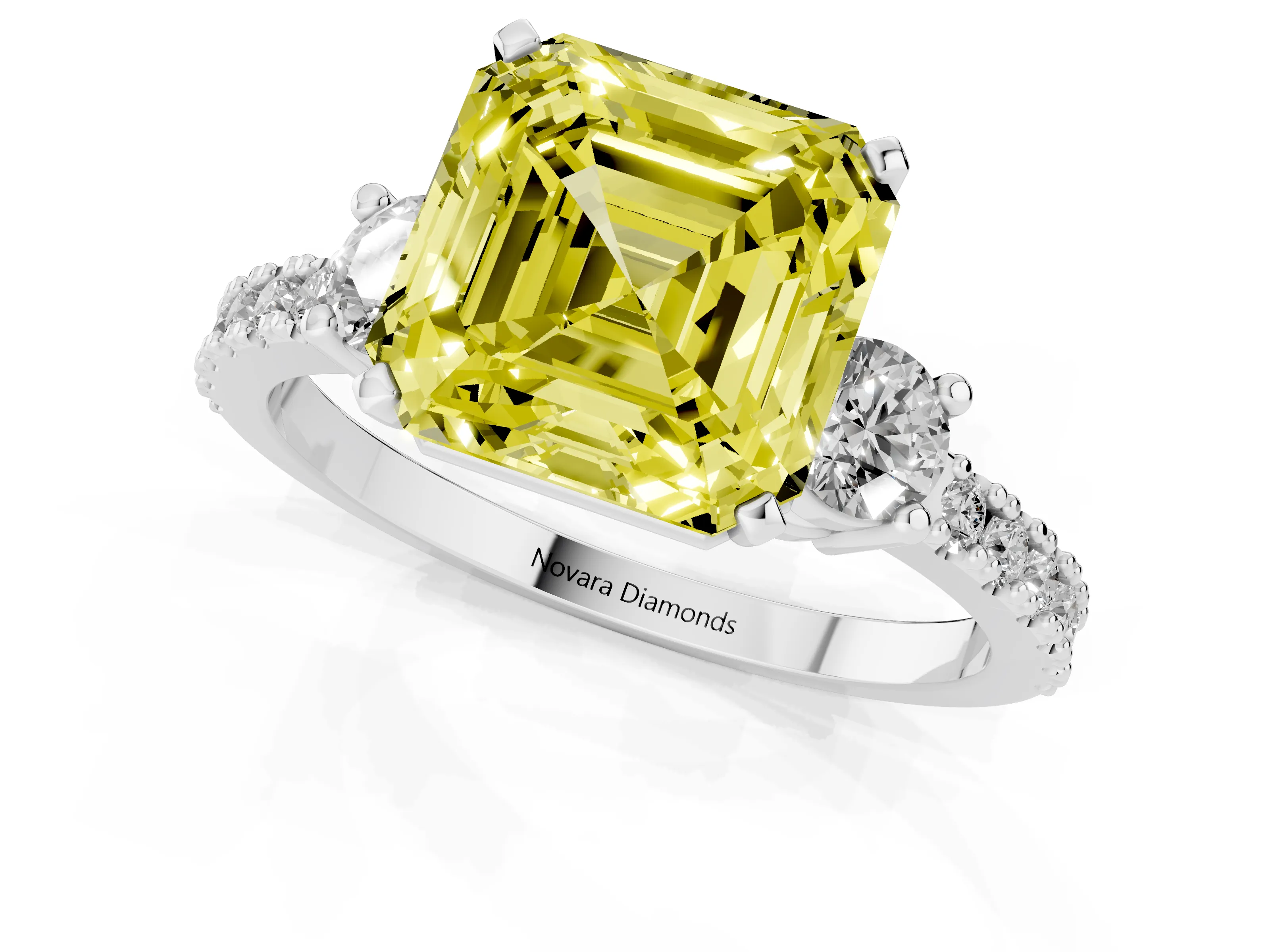 Fancy Yellow Three-Stone Asscher Cut Diamond Pavé Band Ring Set in Silver with Prong Setting