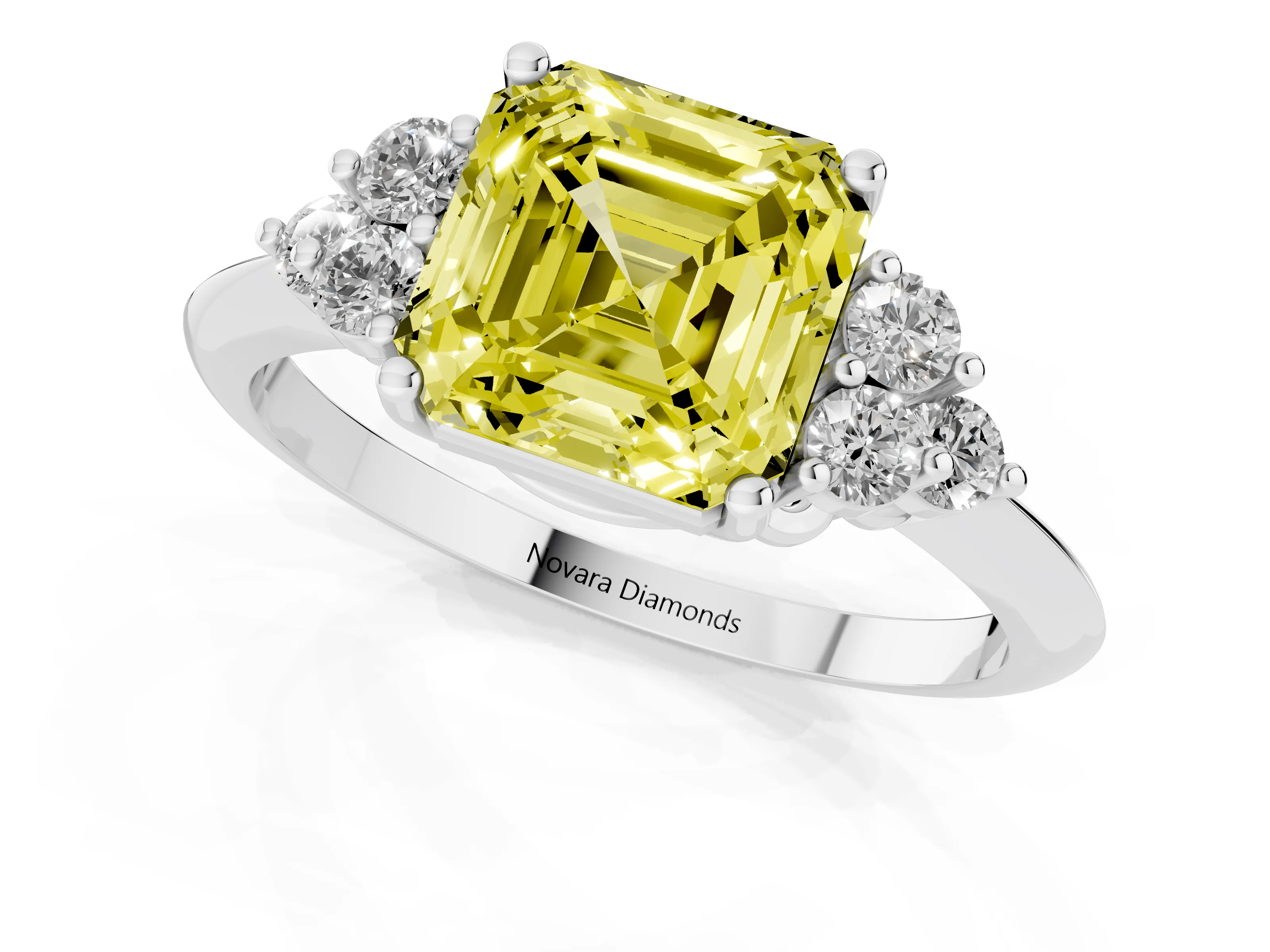Fancy Yellow Asscher Cut Diamond Cluster Ring Set in White gold with Plain Band and Prong Setting