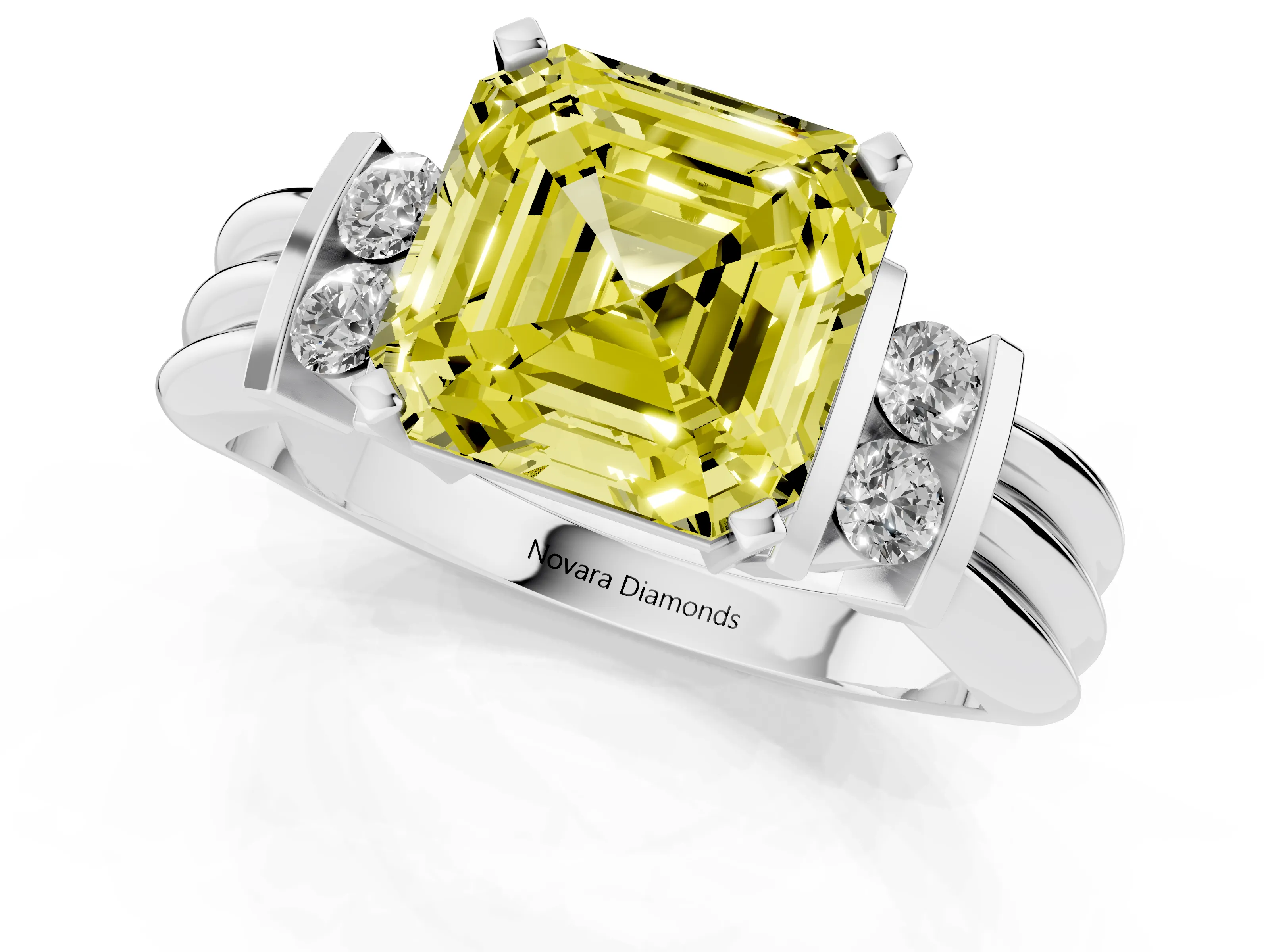 Fancy Yellow Three-Stone Asscher Cut Diamond Channel Set Ring Set in Silver with Bar Prongs
