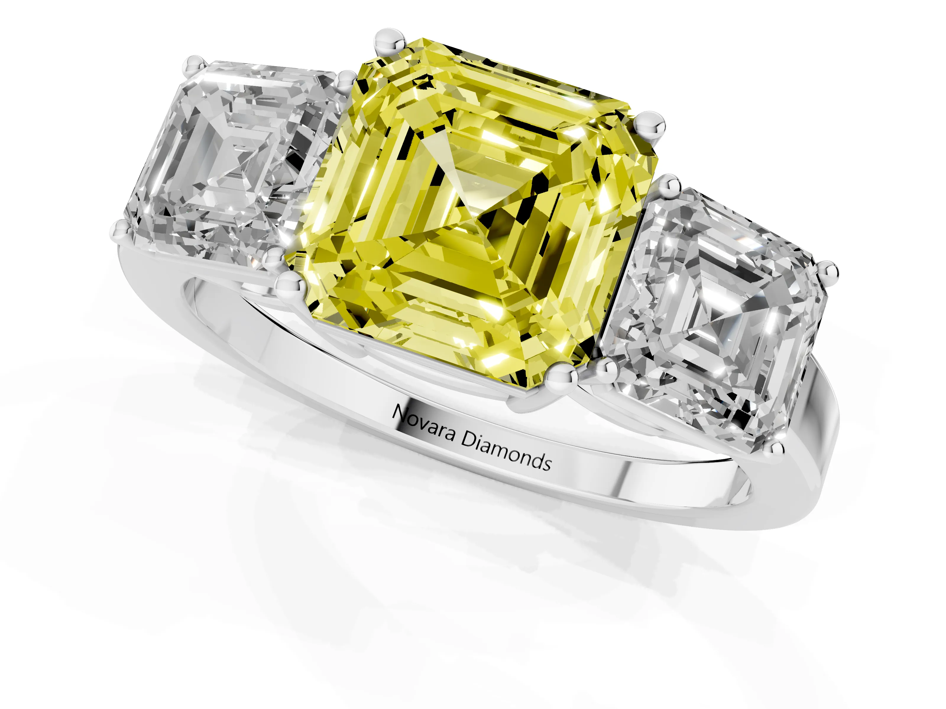 Fancy Yellow Asscher Cut Diamond Three-Stone Engagement Ring Set in Silver with Flat Band