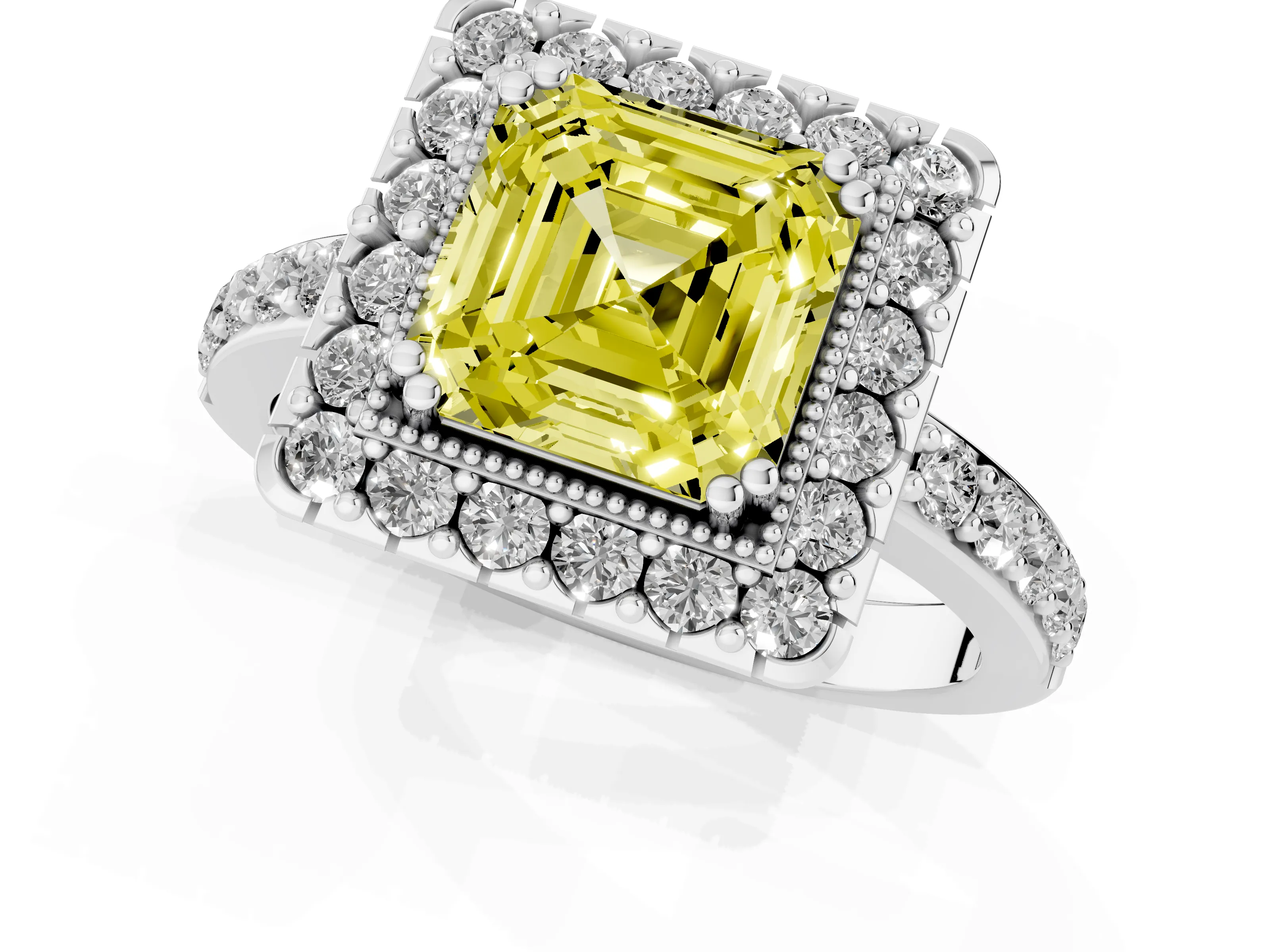Fancy Yellow Asscher Cut Diamond Halo Ring Set in Silver with Pavé Shank and Prong Setting